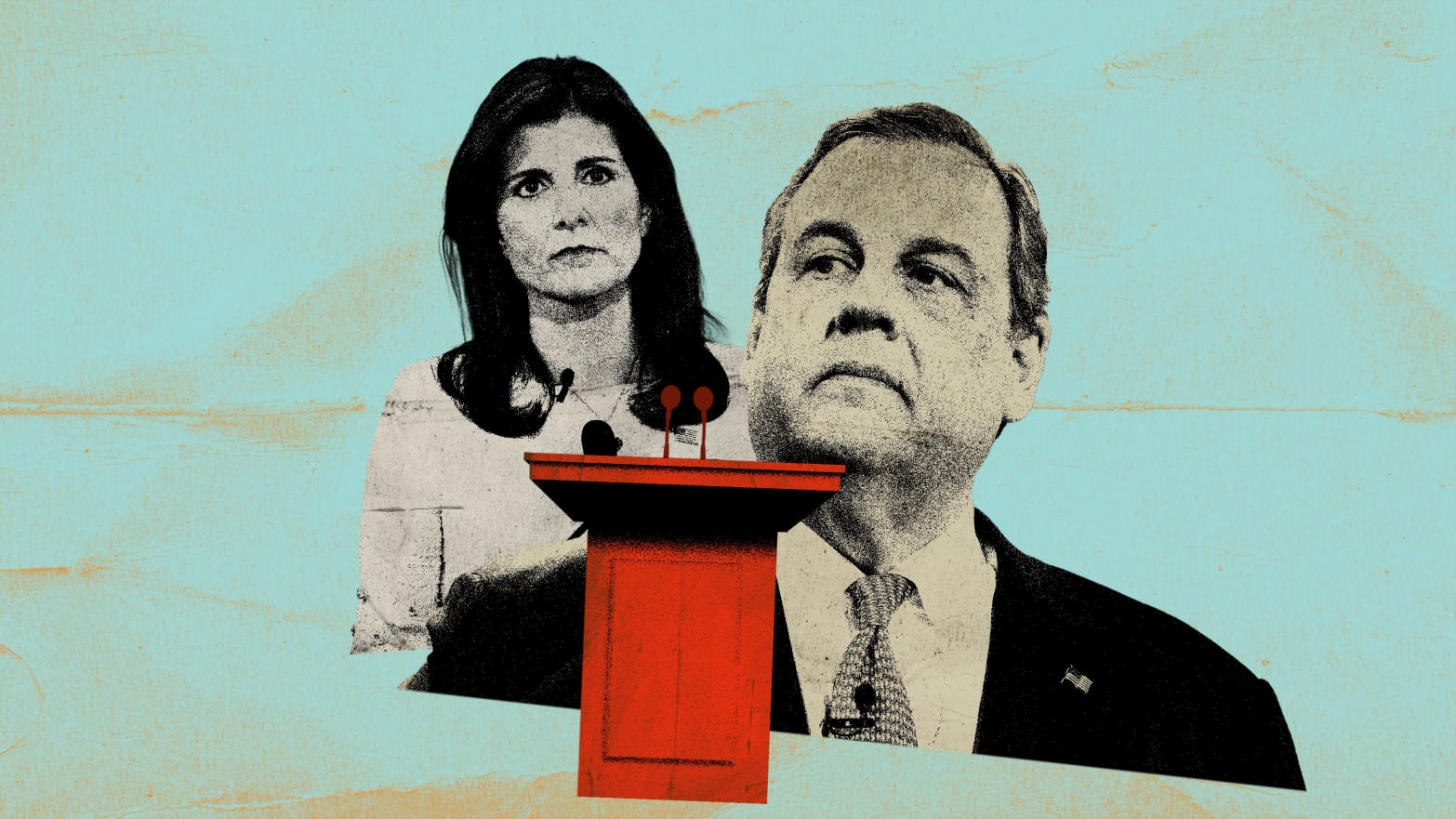 Photo illustration of Chris Christie, Nikki Haley, and a podium on a blue distressed background.