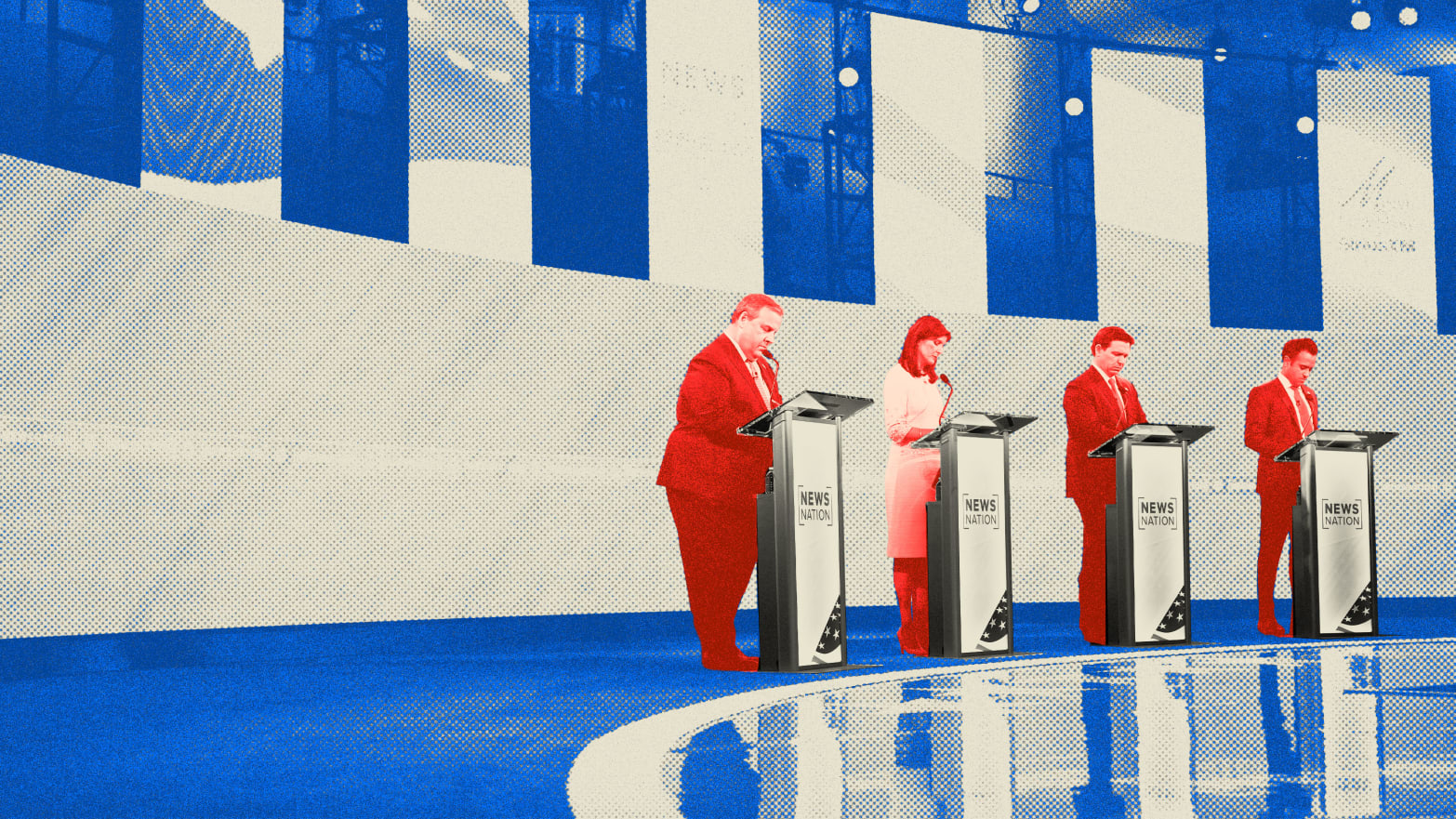 Photo illustration of Chris Christie, Vivek Ramaswamy, Nikki Haley, and Ron DeSantis at the GOP Presidential Debate