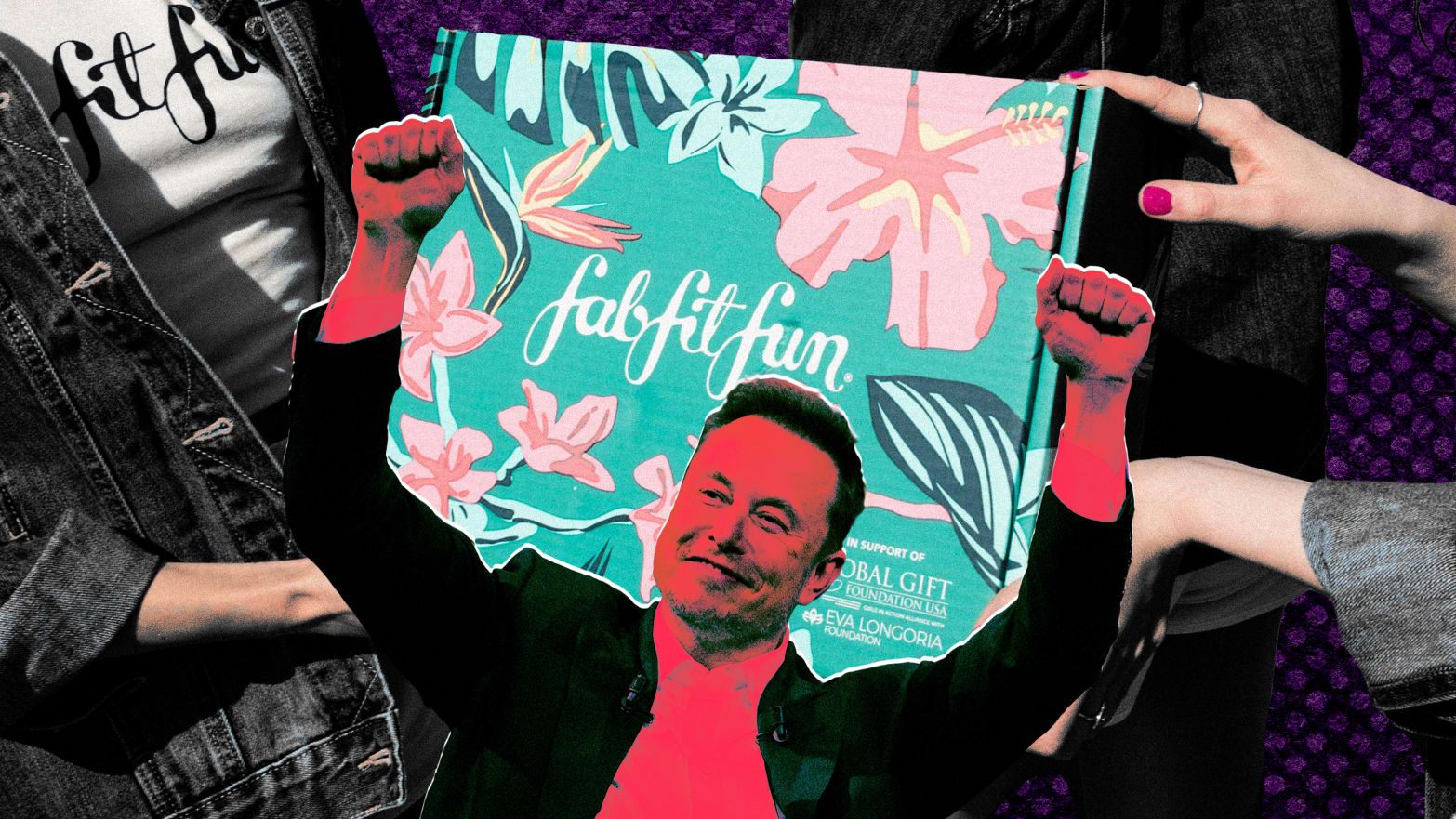 A photo illustration of a FabFitFun box and Elon Musk.