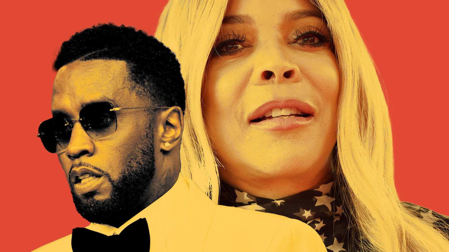 Photo illustration of Diddy and Wendy Williams on an orange background.