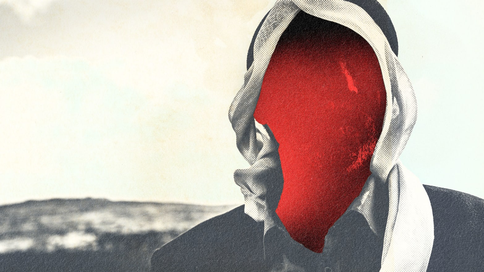 A photo illustration of a Palestinian man in black and white with a red and black shroud  across his face.