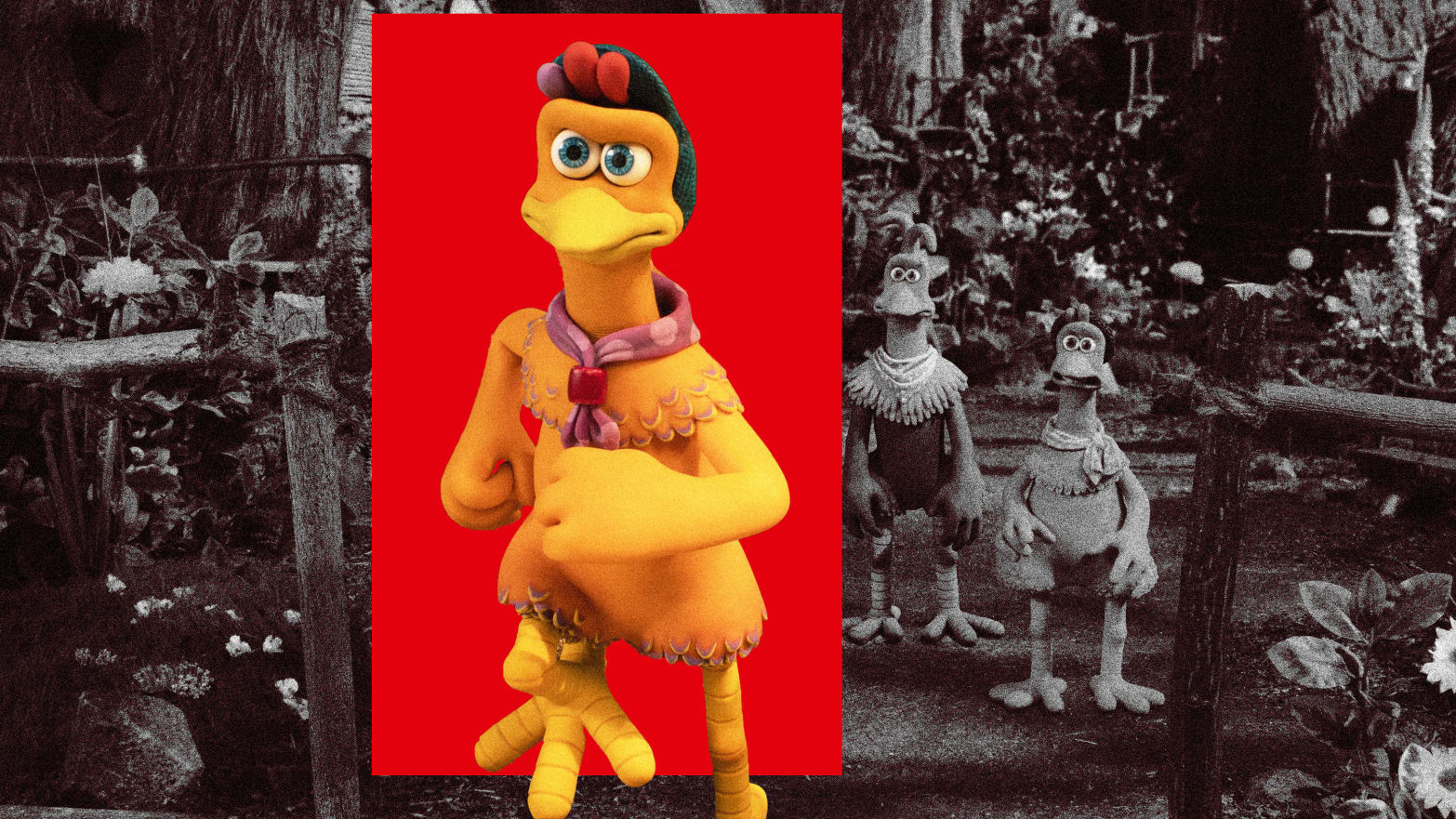 A photo illustration showing a still from Chicken Run: Dawn of the Nugget.