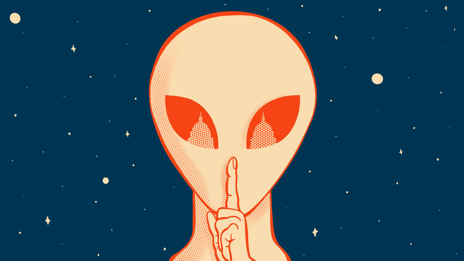 Illustration of an alien holding his finger to his mouth with the US Capitol Building reflected in the eyes.