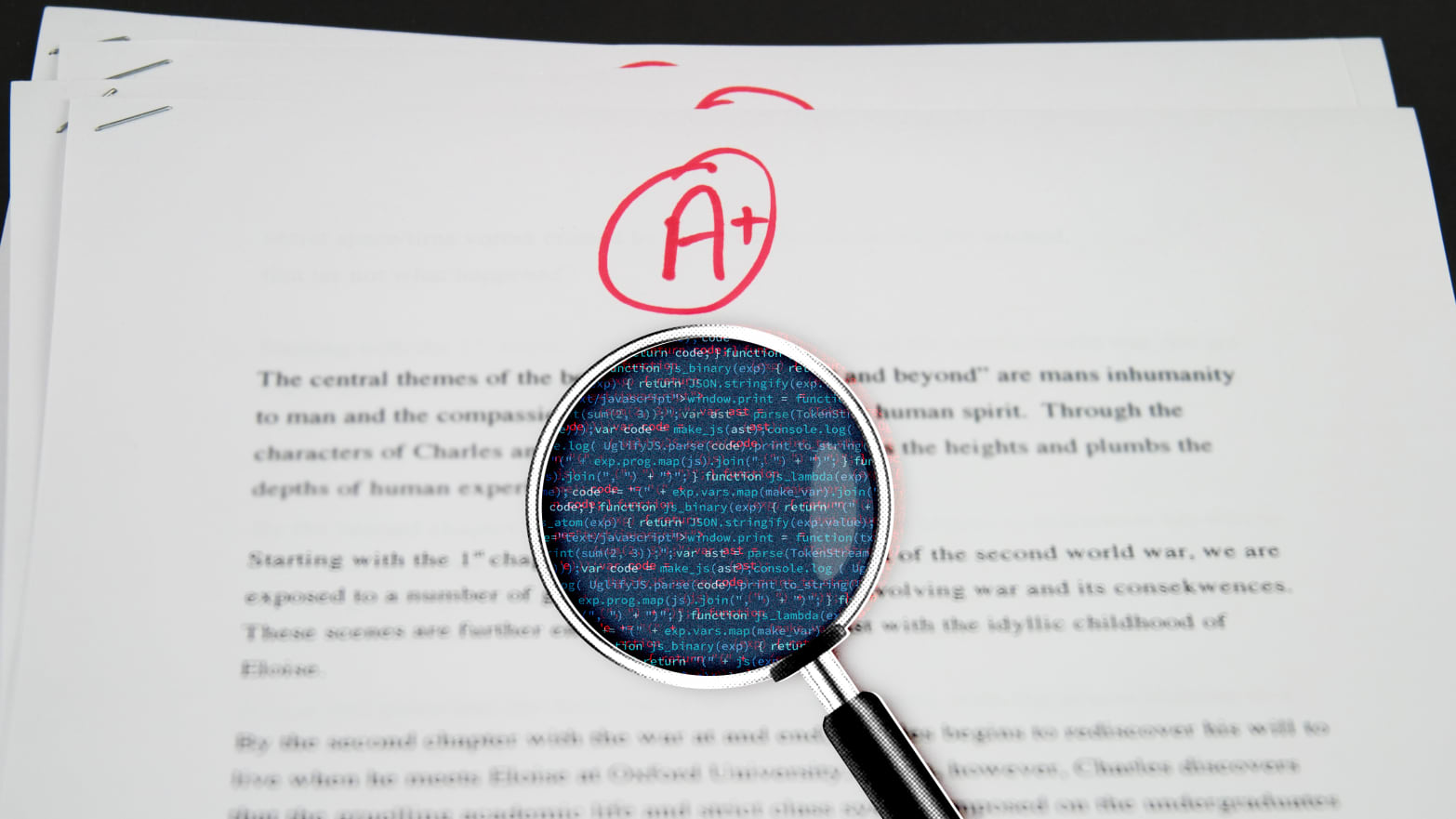 A photo illustration of a homework essay and a magnifying glass with computer code.