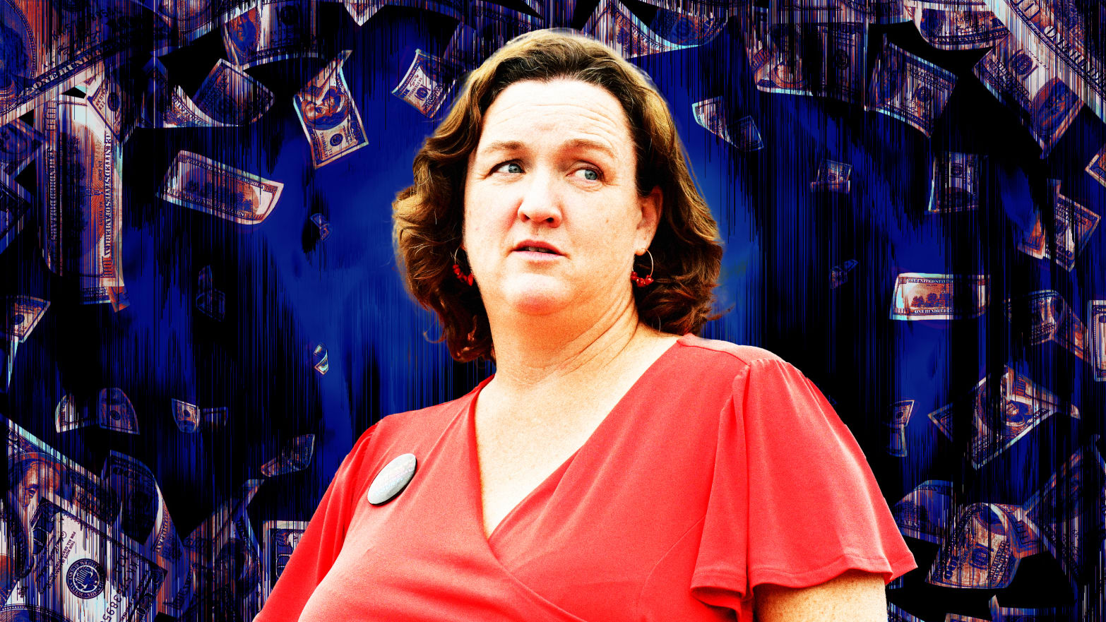 A photo illustration of Rep. Katie Porter and a dark money background.