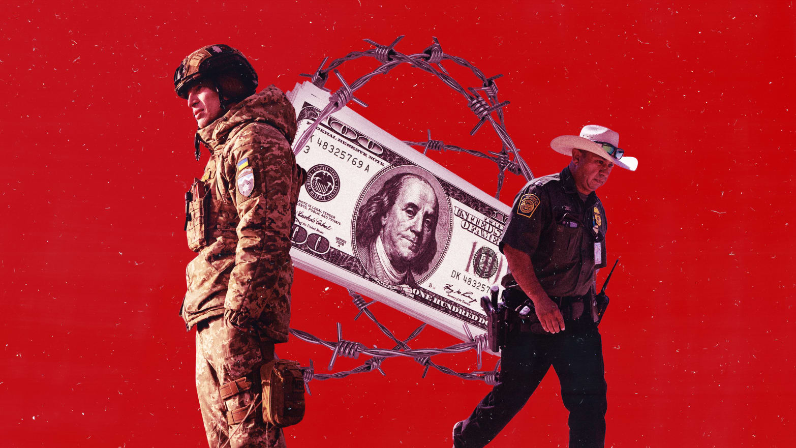 A photo illustration of a Ukrainian soldier, US Border Patrol agent, and money wrapped in barbed wire.