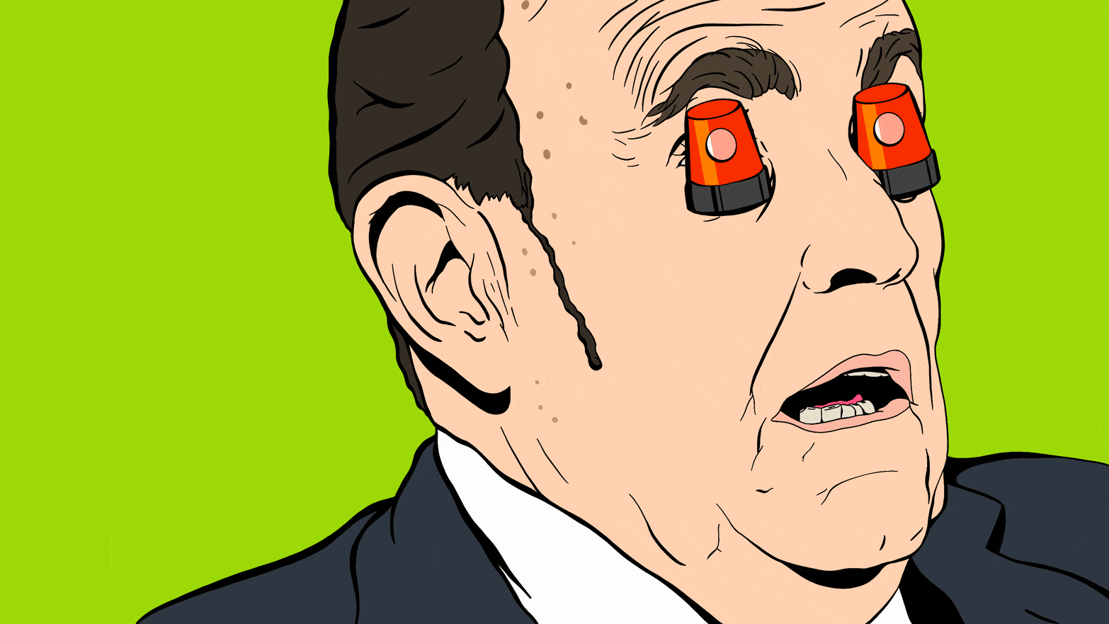 Illustration of Rudolph Giuliani with red alarm lights on his eyes