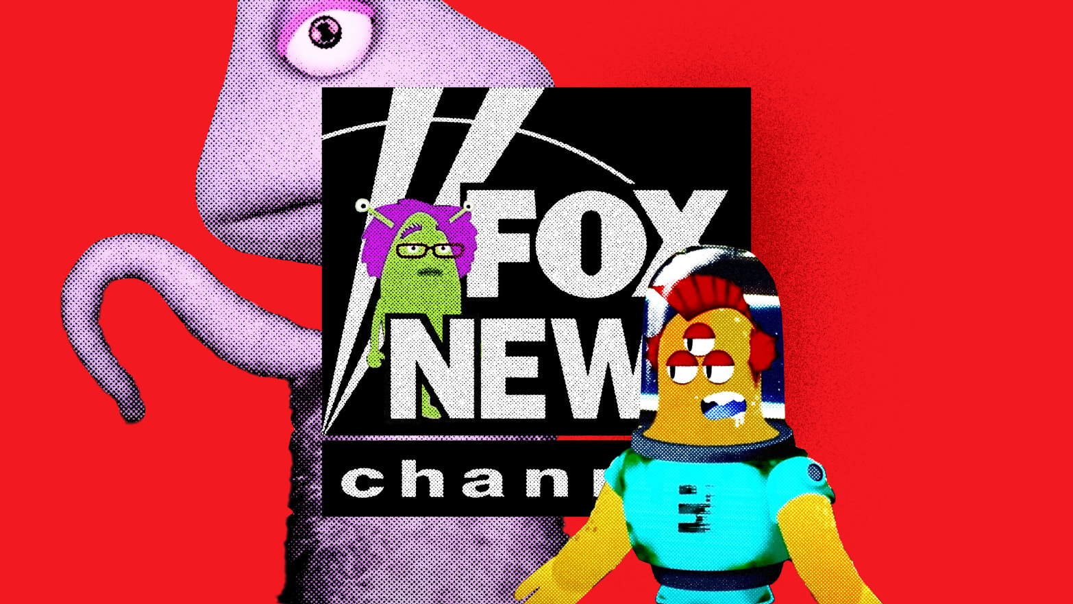 A photo illustration of the Fox News logo with the alien characters of Alien Super Show crawling over it. 
