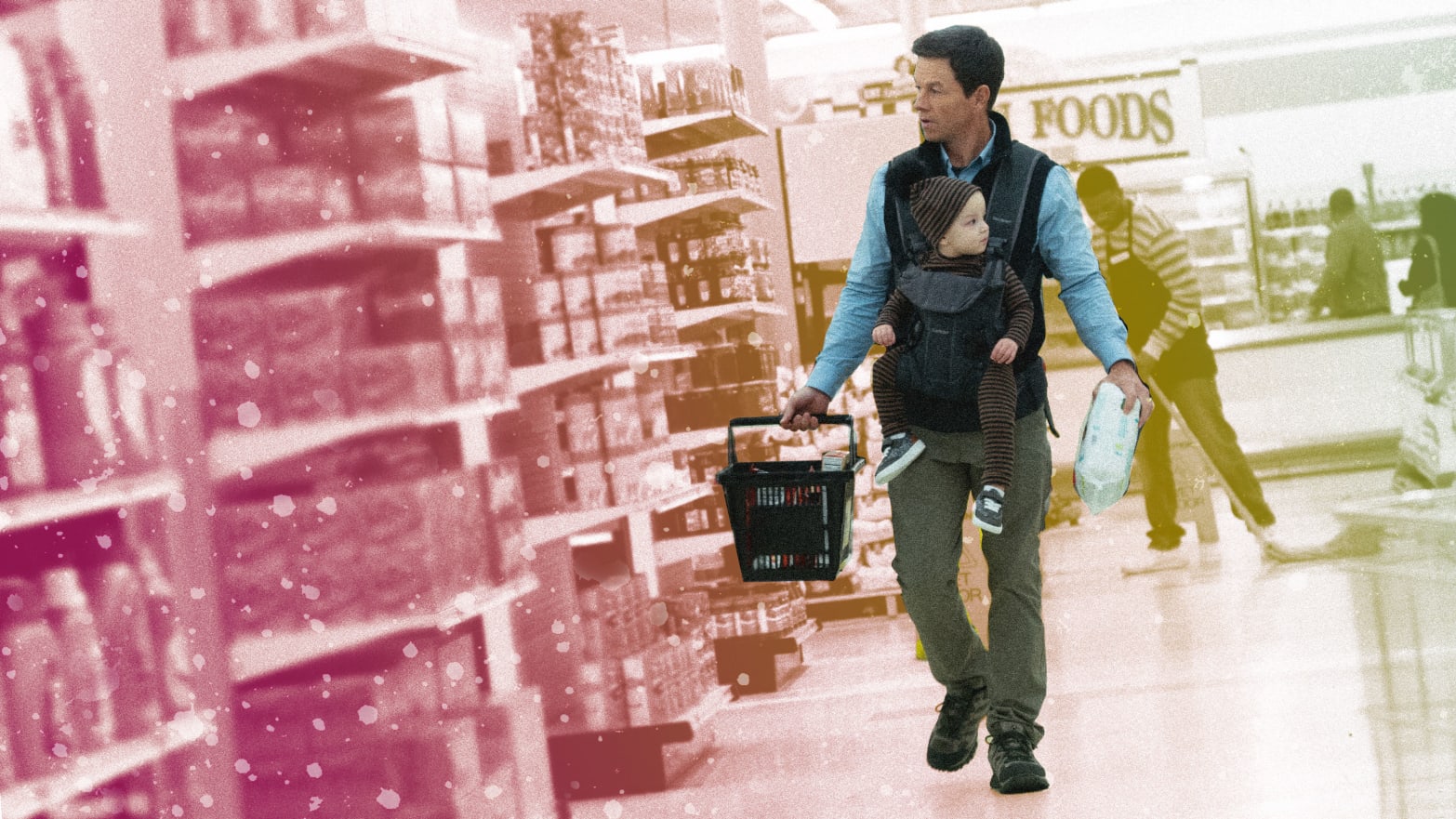 A photo illustration showing a still from The Family Plan starrring Mark Wahlberg.