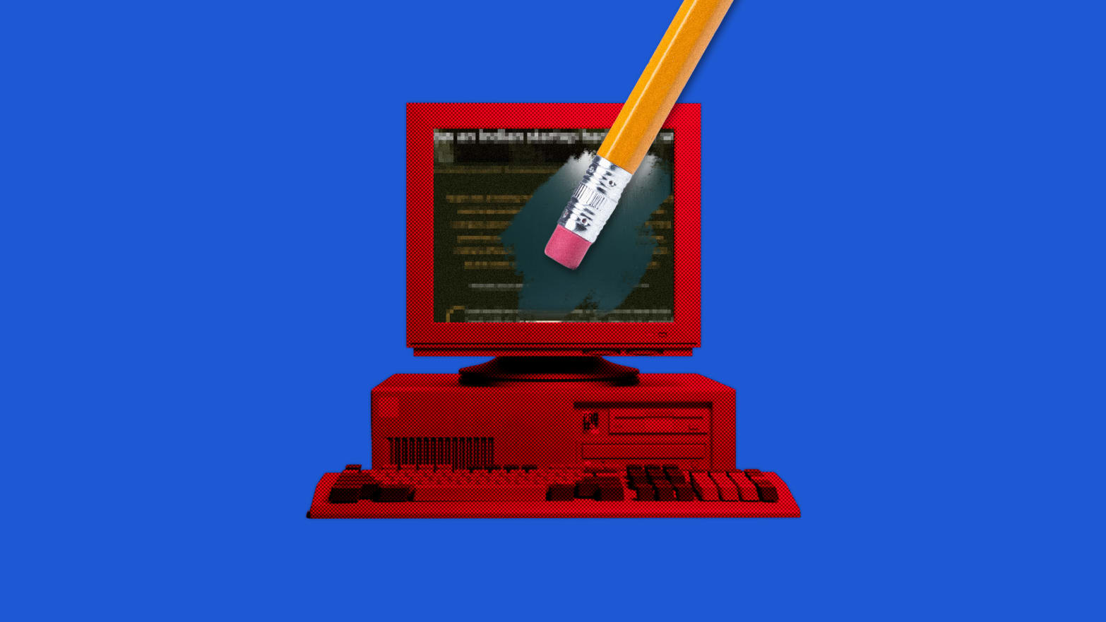 A photo illustration of a red computer being erased.