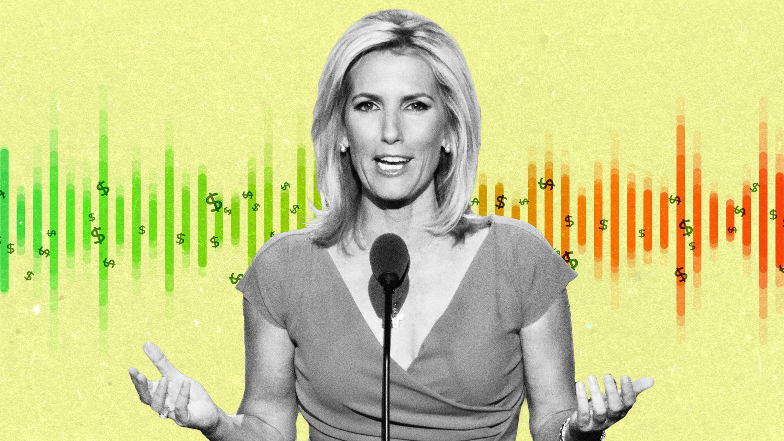 A photo illustration of Laura Ingraham with a sound wave and dollar sign background.