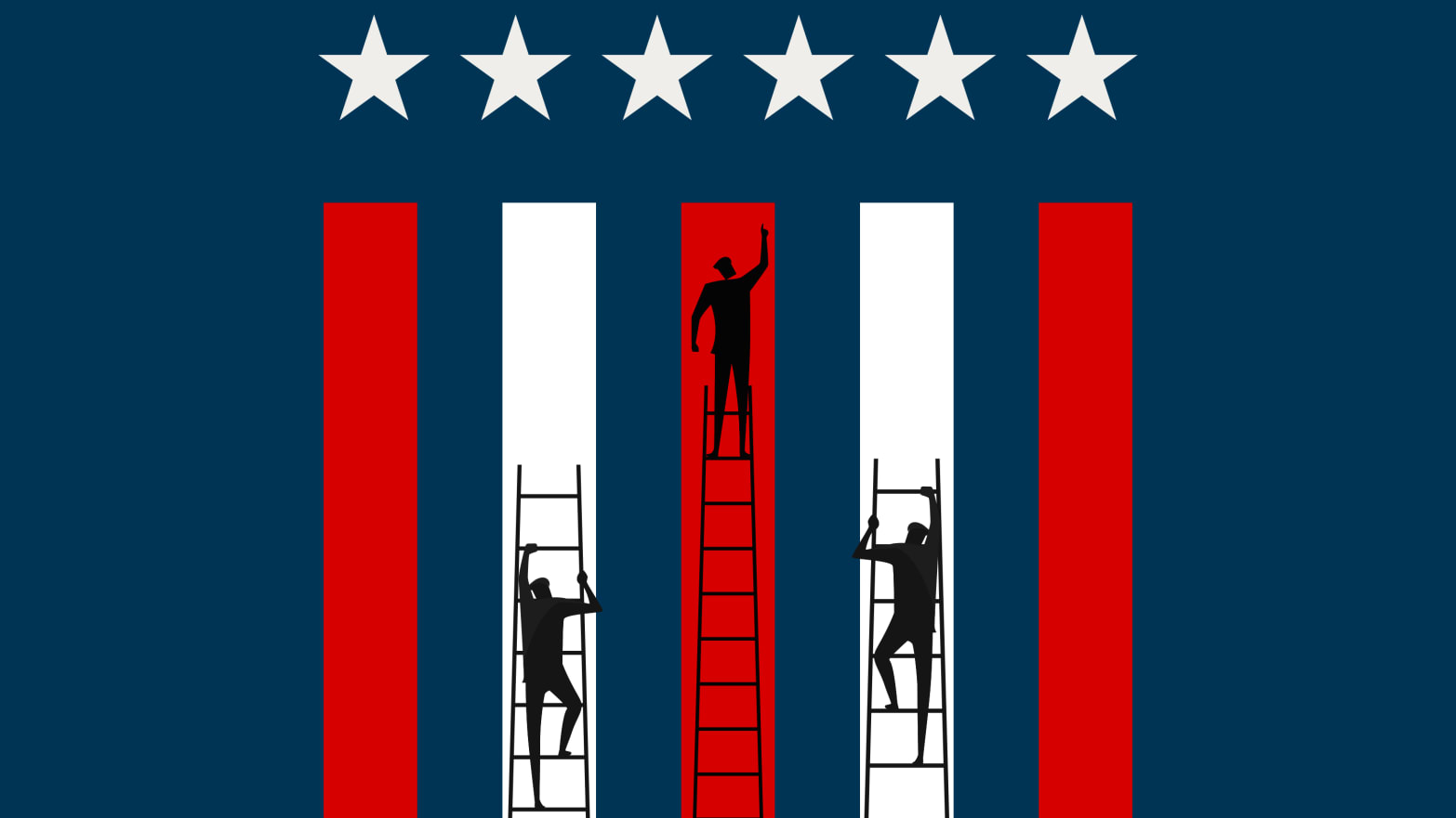A photo illustration of people on ladders climbing up an American flag.