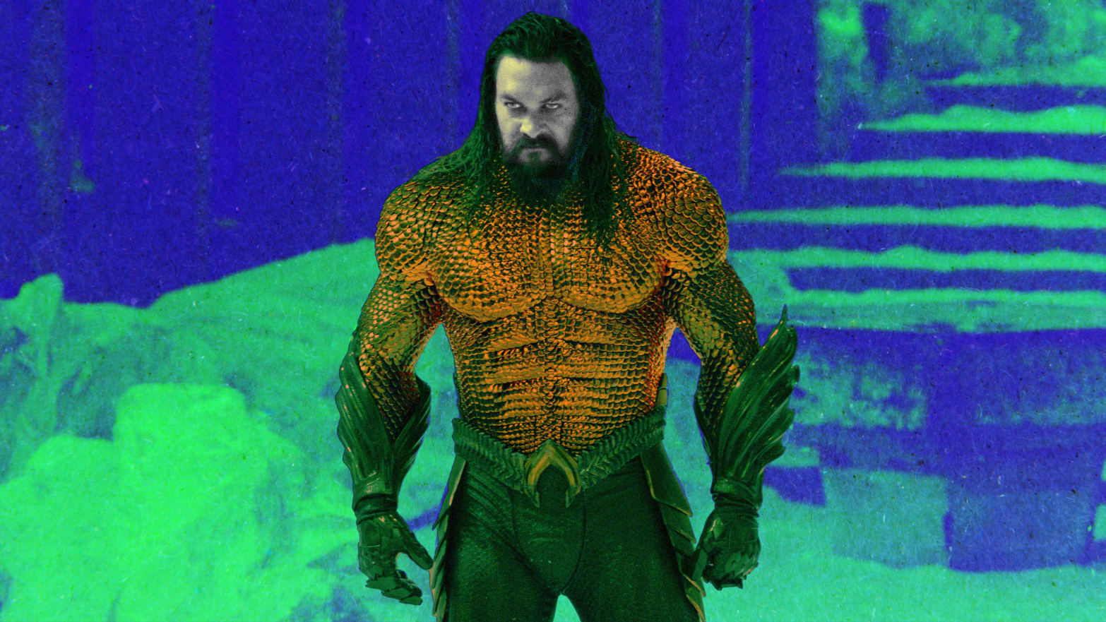 A photo illustration of Jason Momoa in Aquaman and the Lost Kingdom.