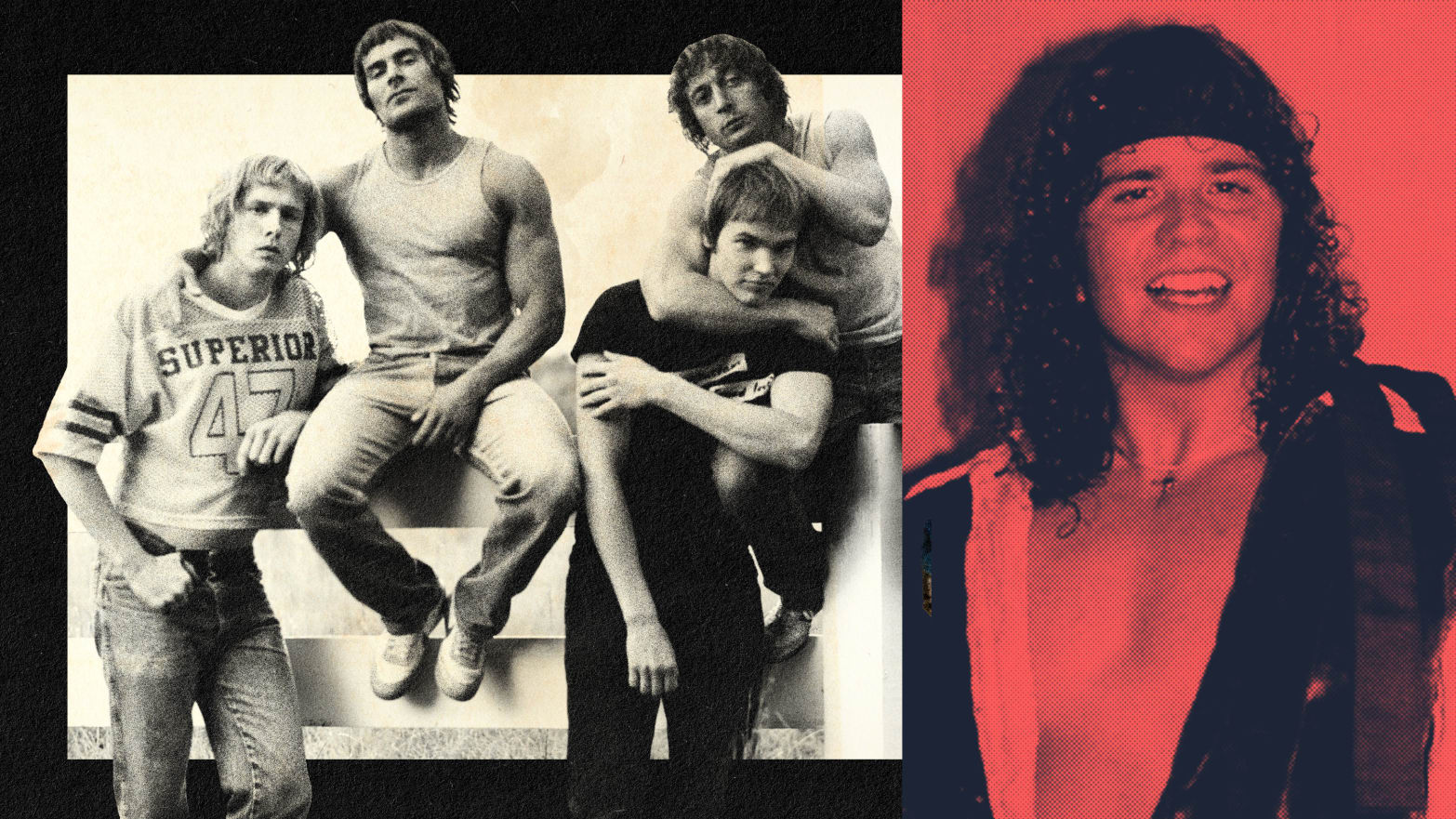 A photo illustration of the Von Erich brothers in Iron Claw and the real life Eric Von Erich