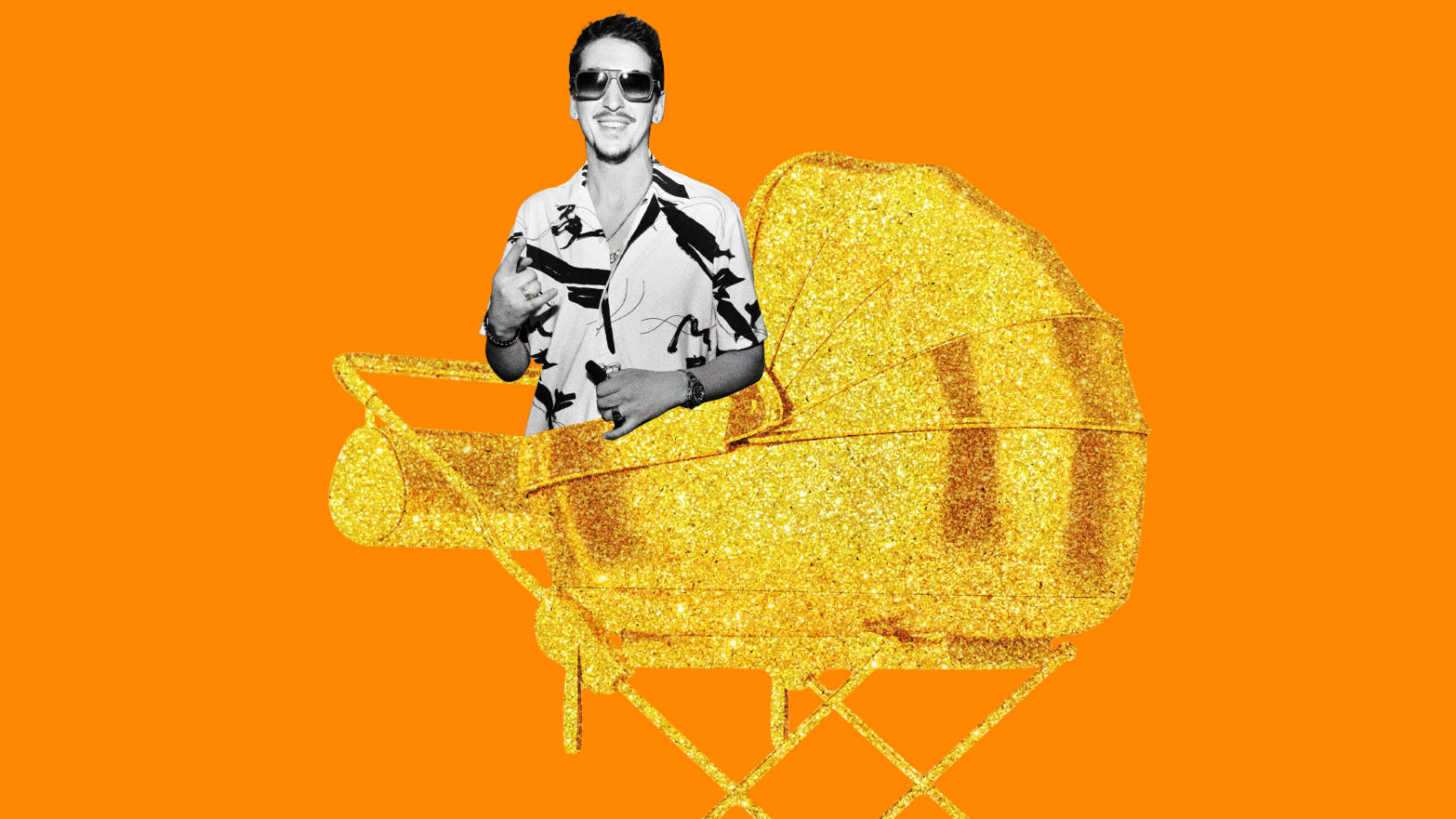 An illustration including a photo of Hunter Fieri and a Golden Stroller