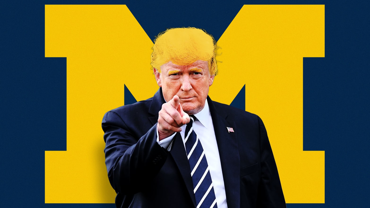An illustration including a photo of former U.S. President Donald Trump and the Michigan sports logo