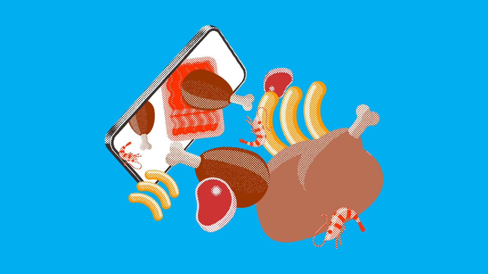 A photo collage of illustrated meats coming out of a cell phone