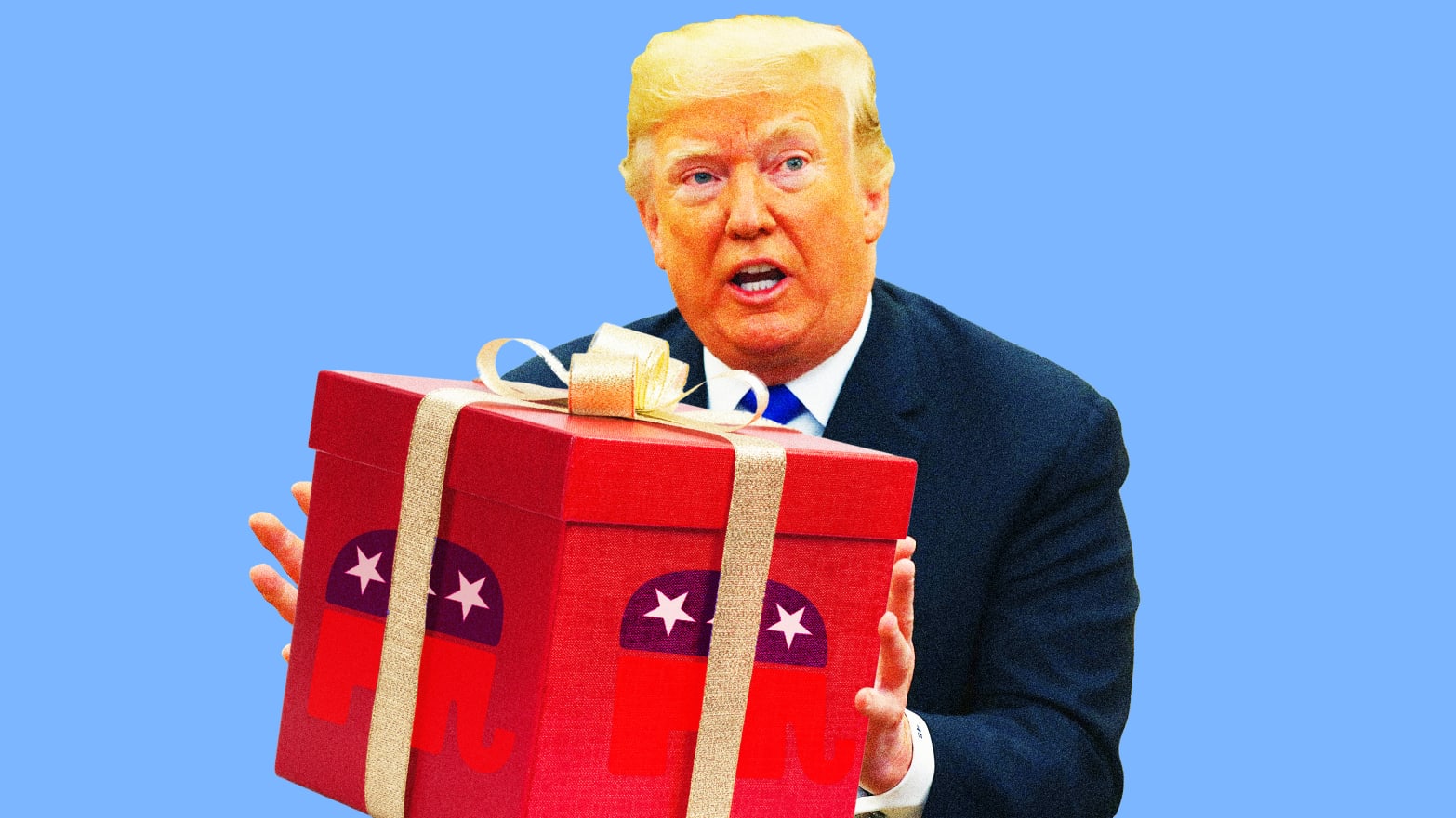 A photo illustration of former President Trump holding a holiday gift.