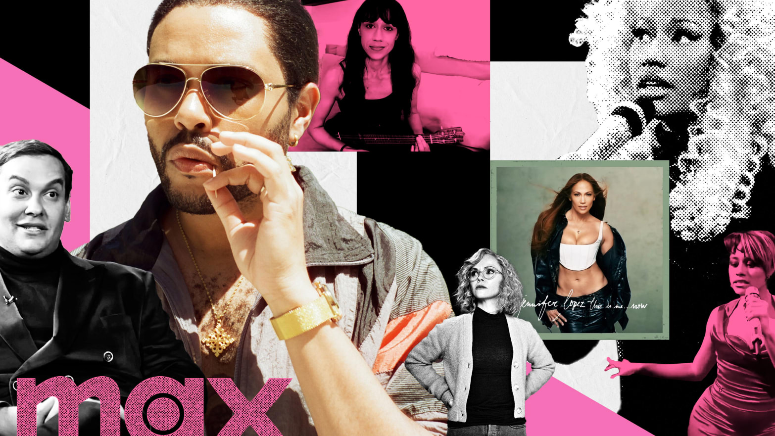 A photo collage featuring George Santos, The Weeknd, Jennifer Lopez, Nicki Minaj, Colleen Ballinger, Christina Ricci, and Ariana DeBose