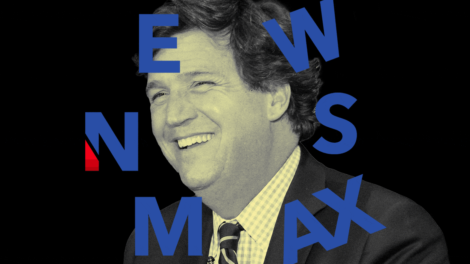 An animation of Tucker Carlson and the Newsmax logo.