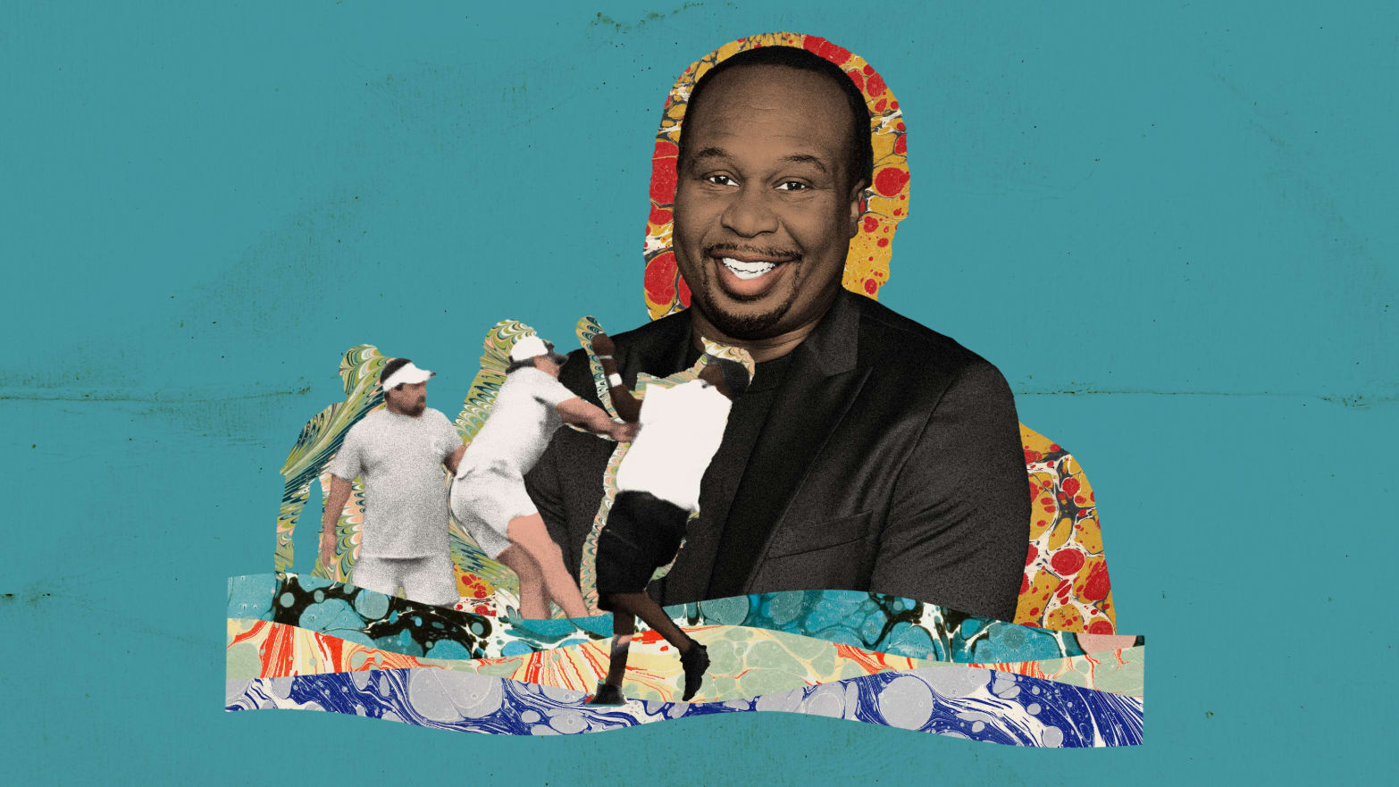 Photo illustration of Roy Wood Jr and a screenshot of a brawl on a Montgomery boat dock on a blue background