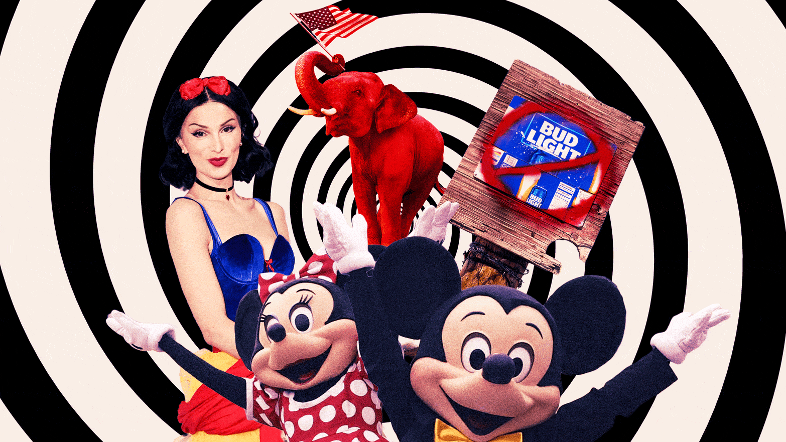 A photo illustration featuring Mickey and Minnie Mouse, Dylan Mulvaney, a sign with Bud Light crossed out, and a red elephant.