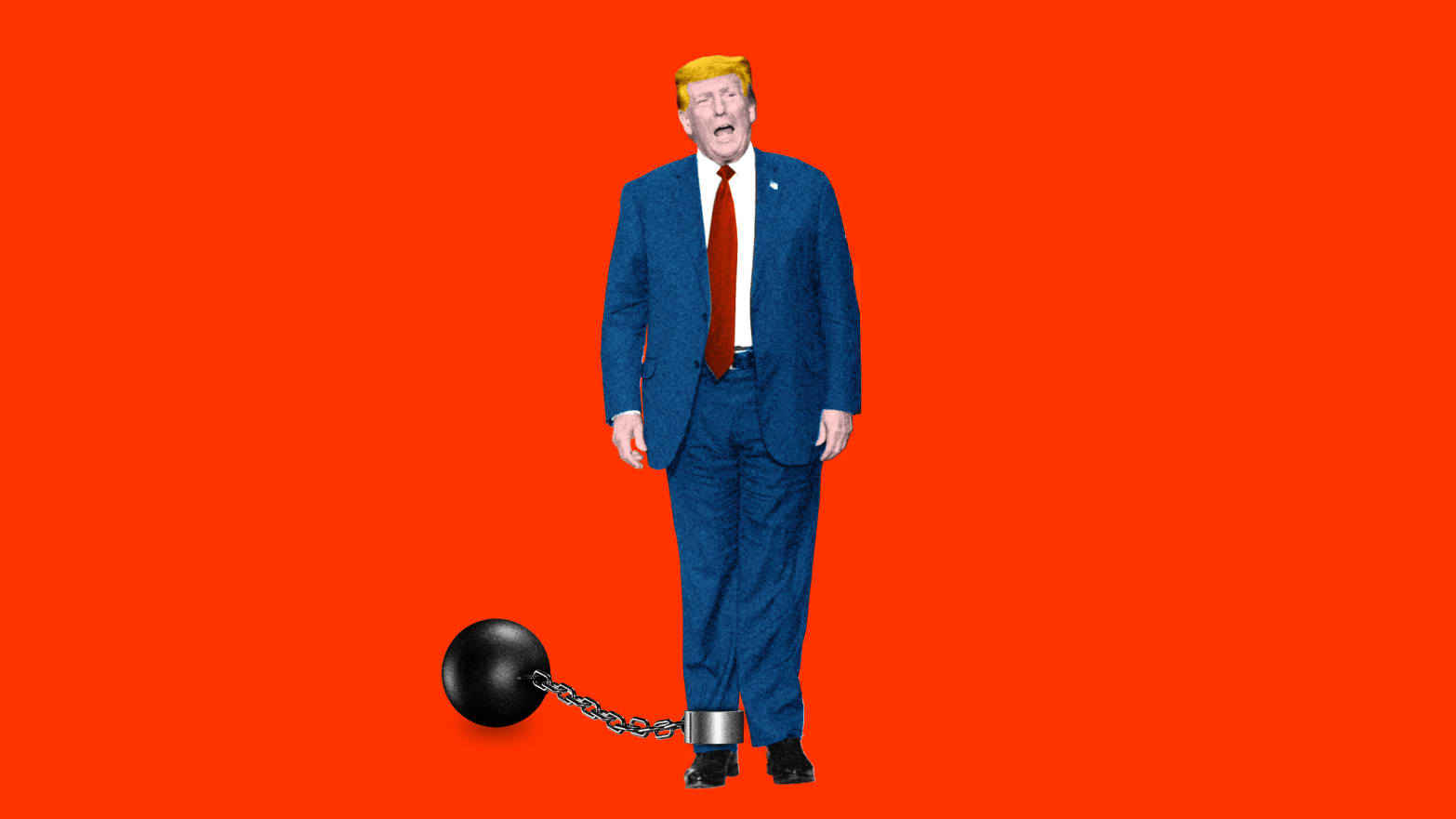 A photo illustration of former President Donald Trump with a ball and chain.
