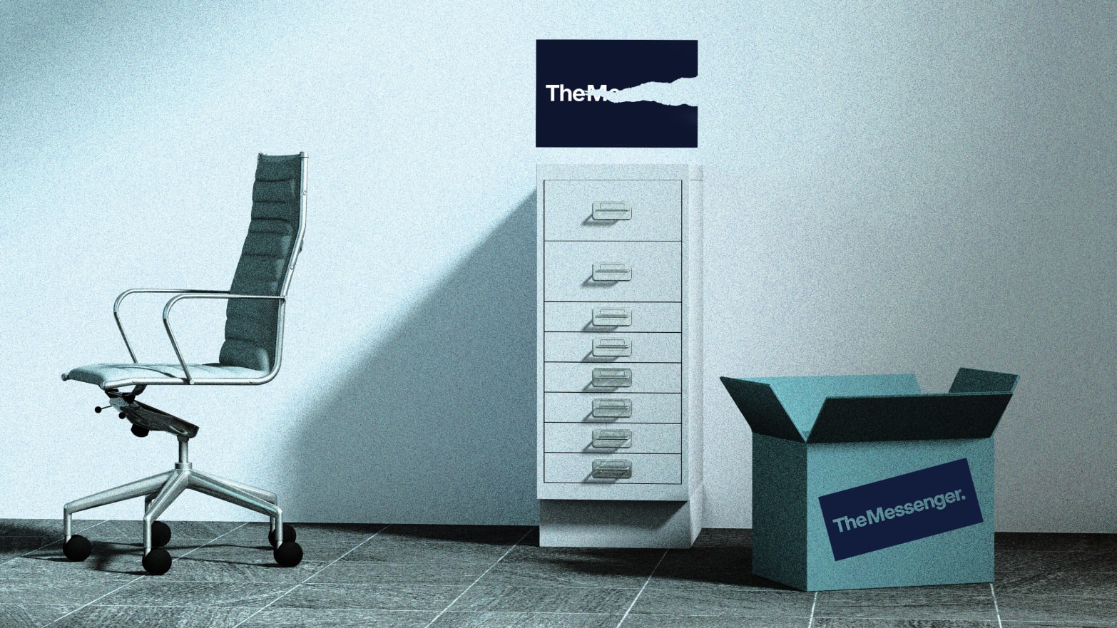 An illustration including a photo of an empty office and The Messenger logo.
