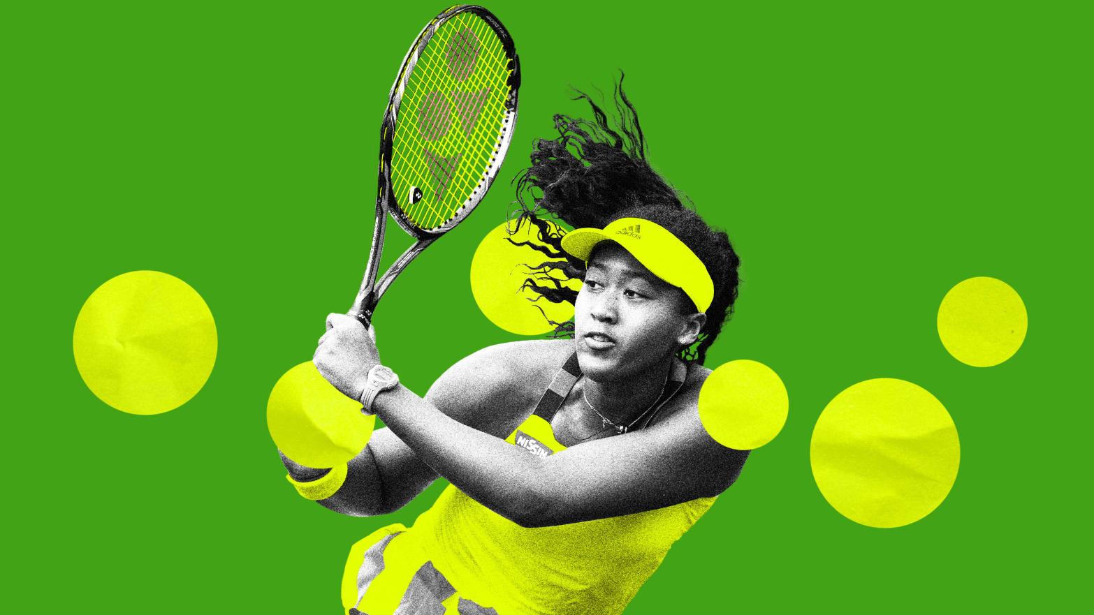 Photo illustration of tennis player, Naomi Osaka, on a green background with bright yellow balls