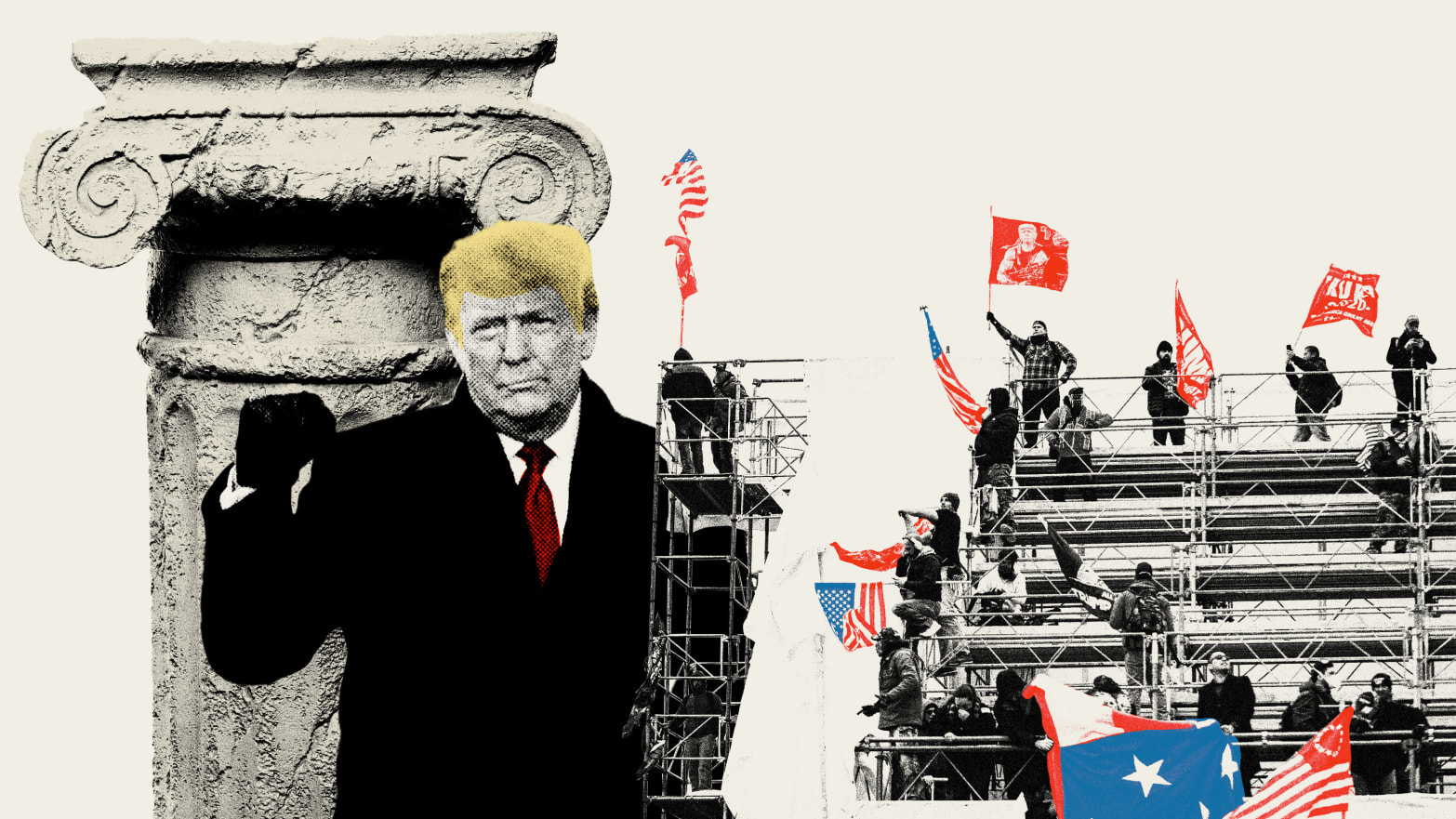 Photo illustration of Donald Trump in front of an ionic column with January 6 protestors collaged on top
