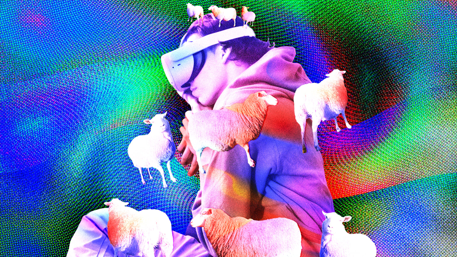 A photo illustration of a person sleeping with a VR headset and counting sheep.