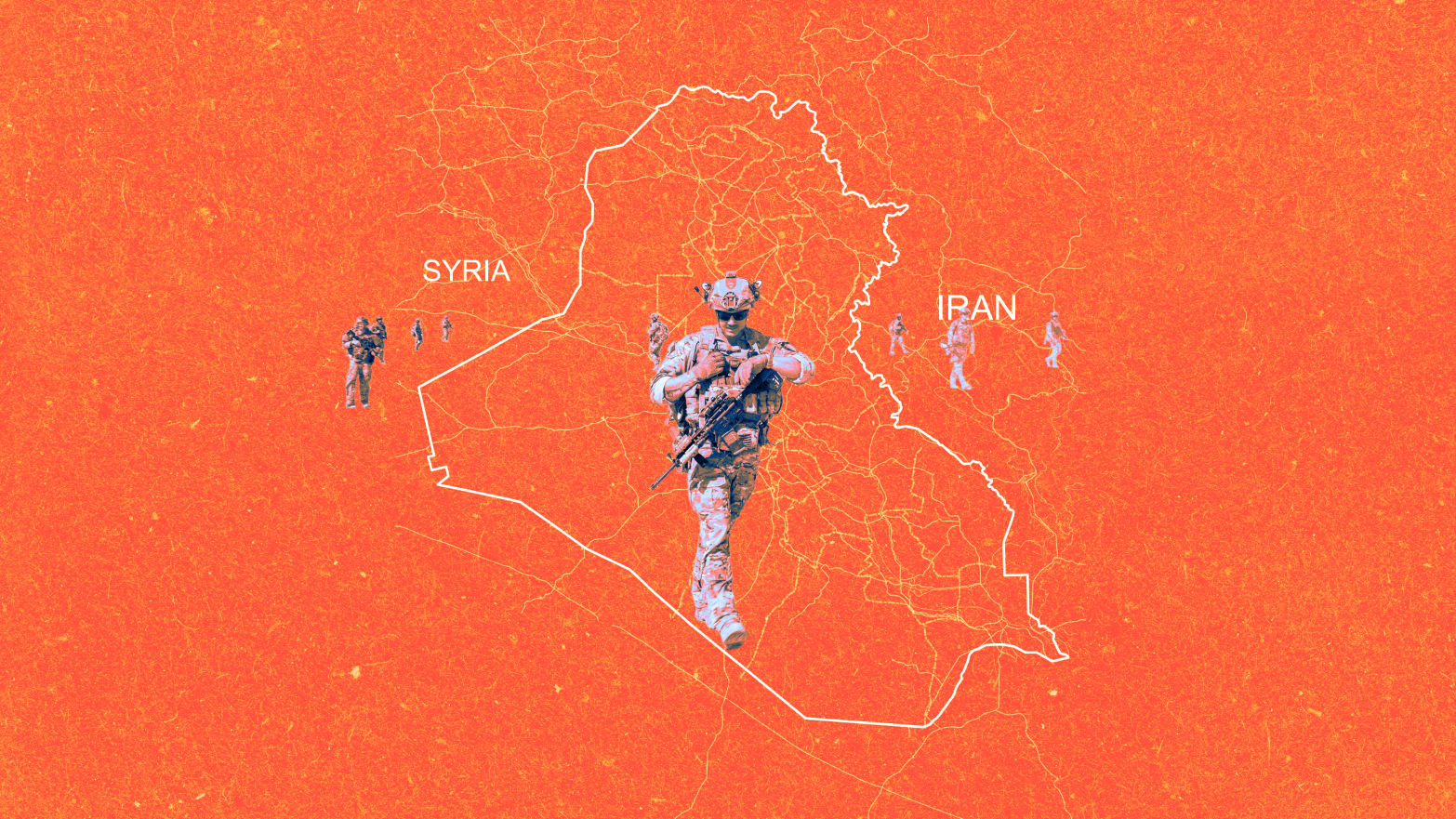 A photo illustration of US Army soldiers and the map of Syria, Iraq, and Iran.