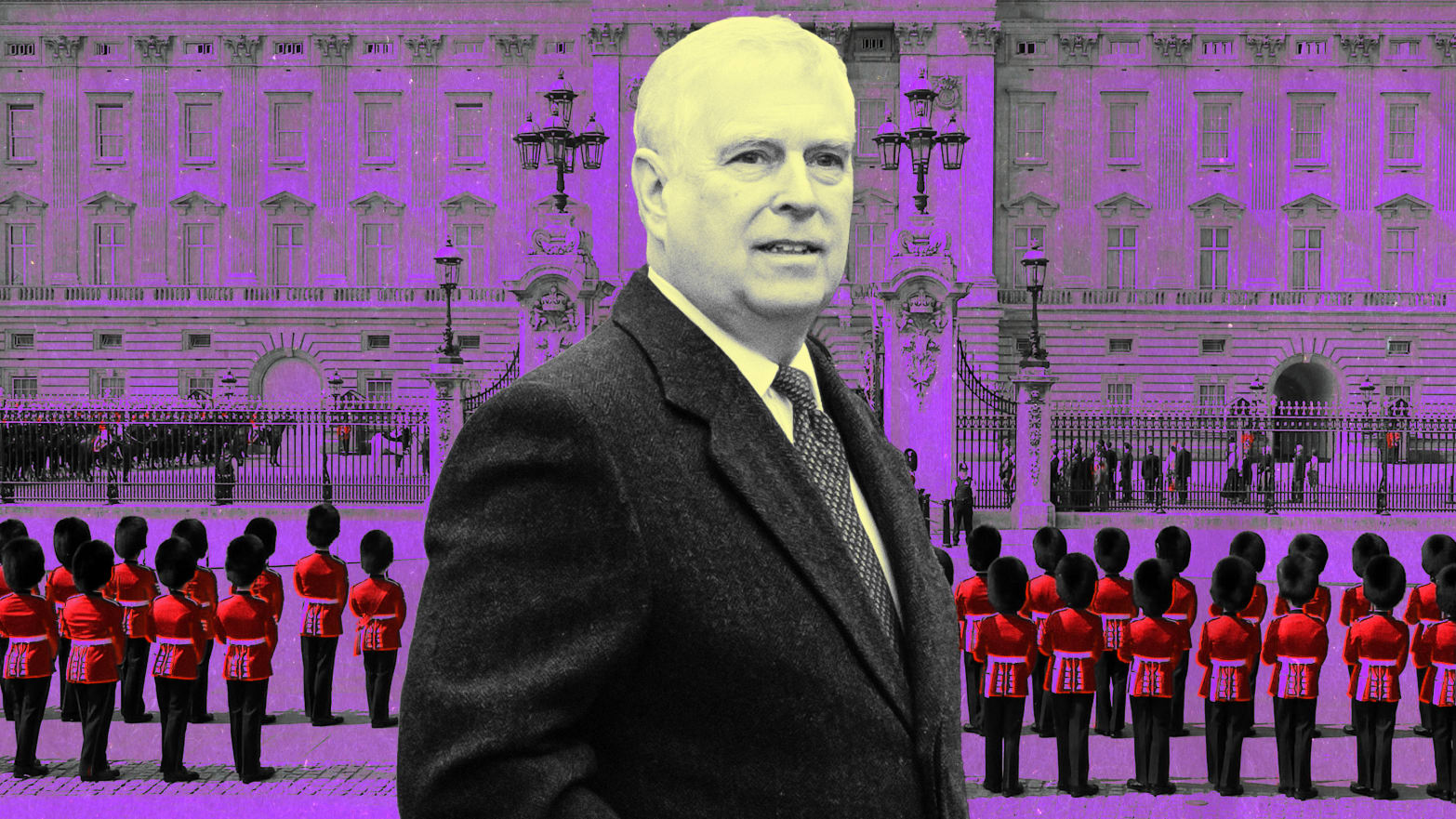 A photo illustration of Prince Andrew and Buckingham Palace.