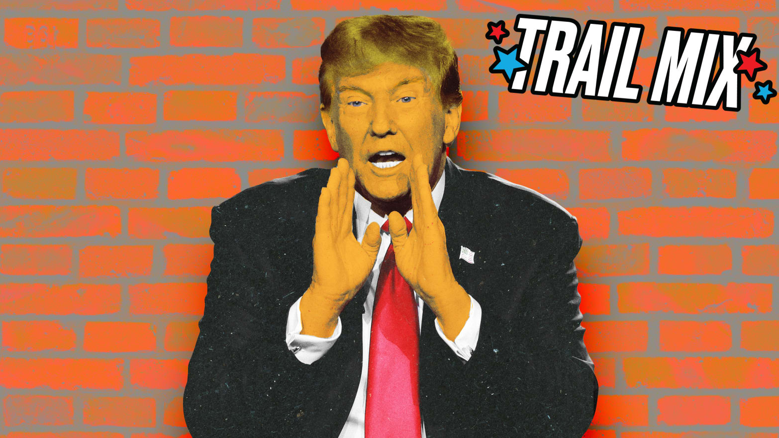 Donald Trump shouting in front of a brick wall