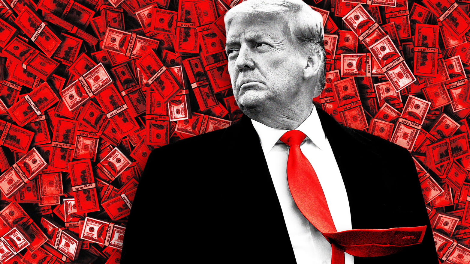 An illustration that includes a photo of former U.S President Donald Trump and a pile of money