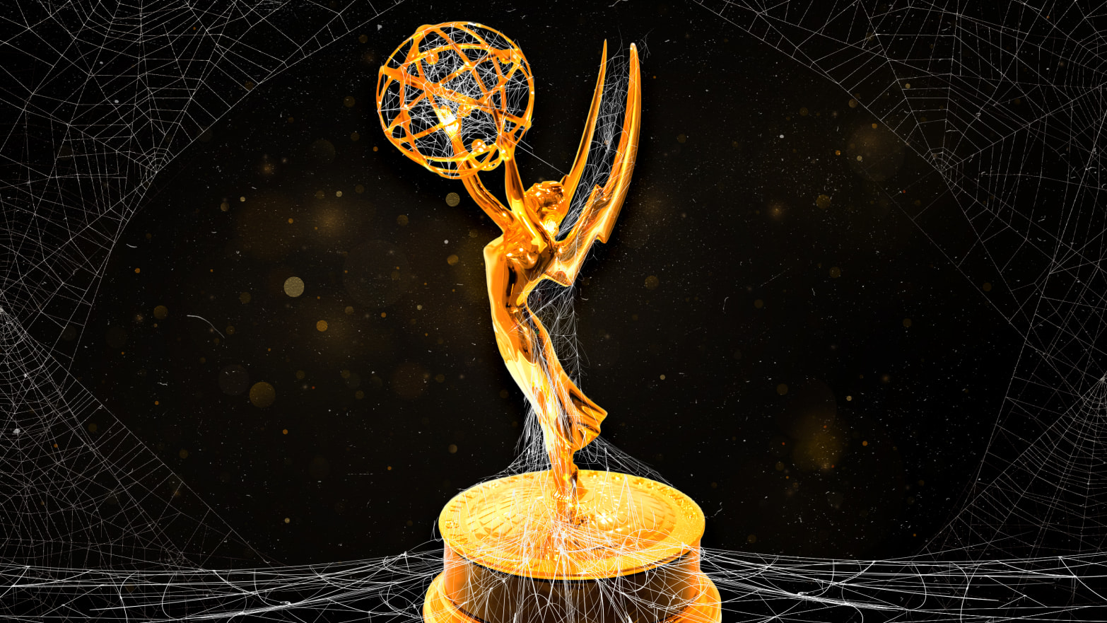 A photo illustration of an Emmy award covered in dust and cobwebs.