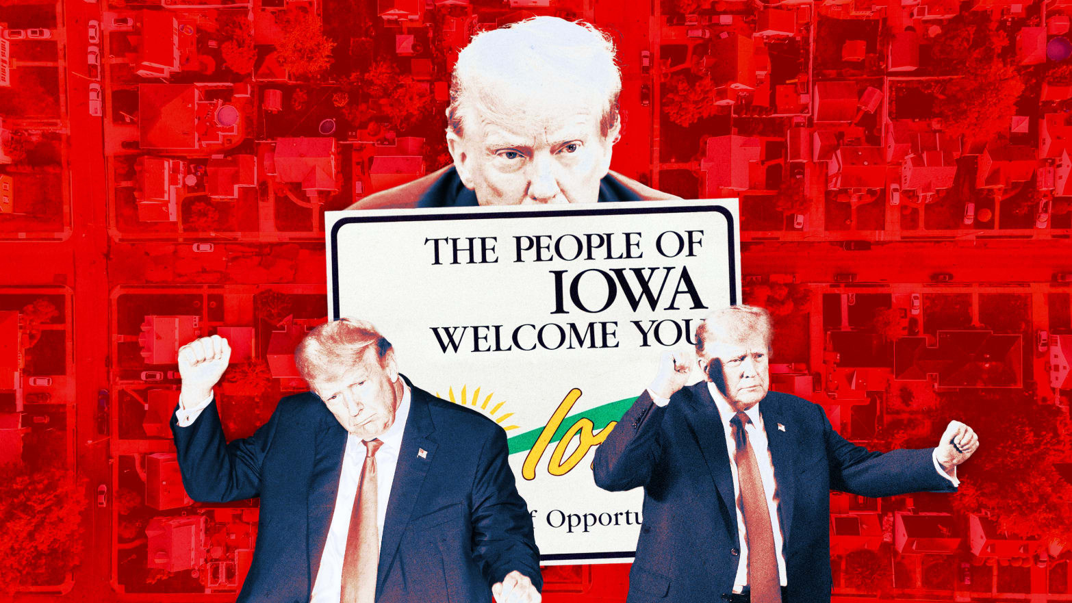 A photo illustration of former President Trump and the Iowa state sign and suburbs.