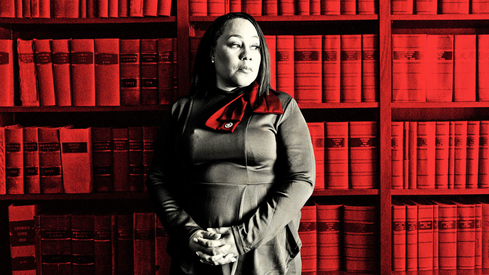 A photo illustration of Fani Willis where she is standing in front of a book case