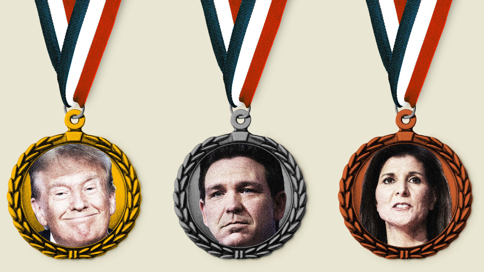 Photo illustration of a gold, silver, and bronze medal with Nikki Haley, Donald Trump and Ron DeSantis’s faces on them.