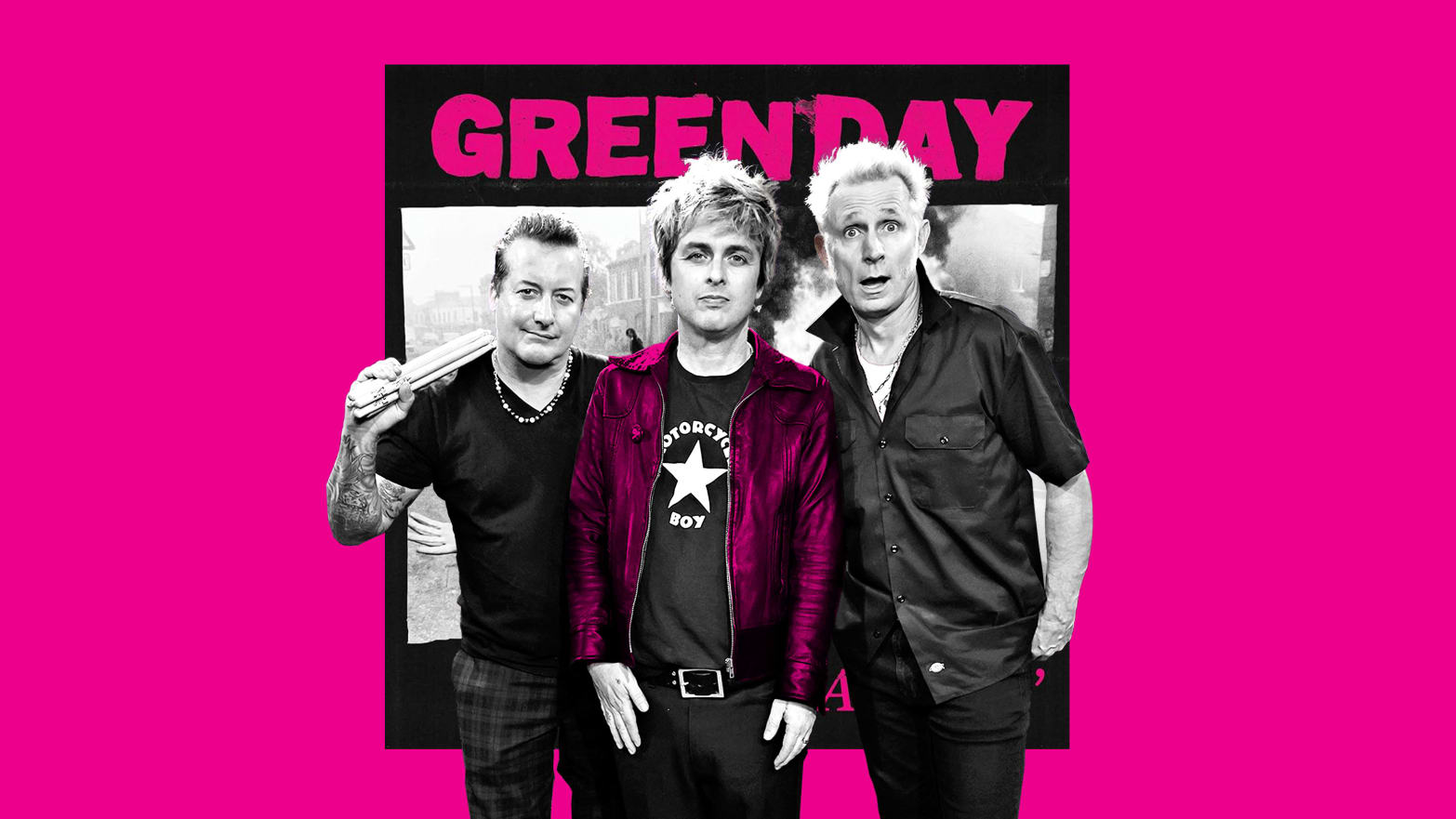 A photo illustration of Green Day in front of their new album cover