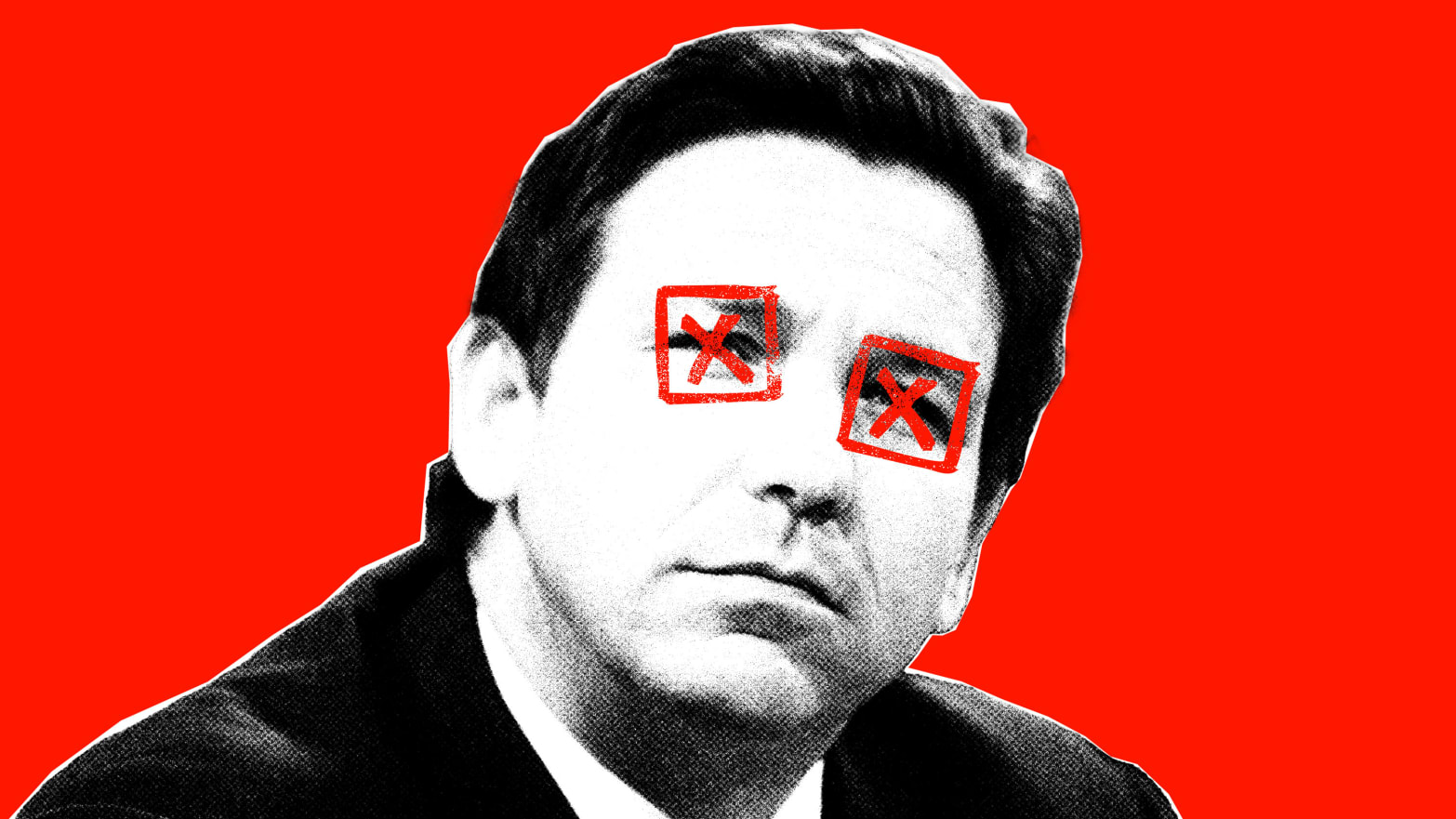 Photo illustration of Ron DeSantis with xs over his eyes on a red background
