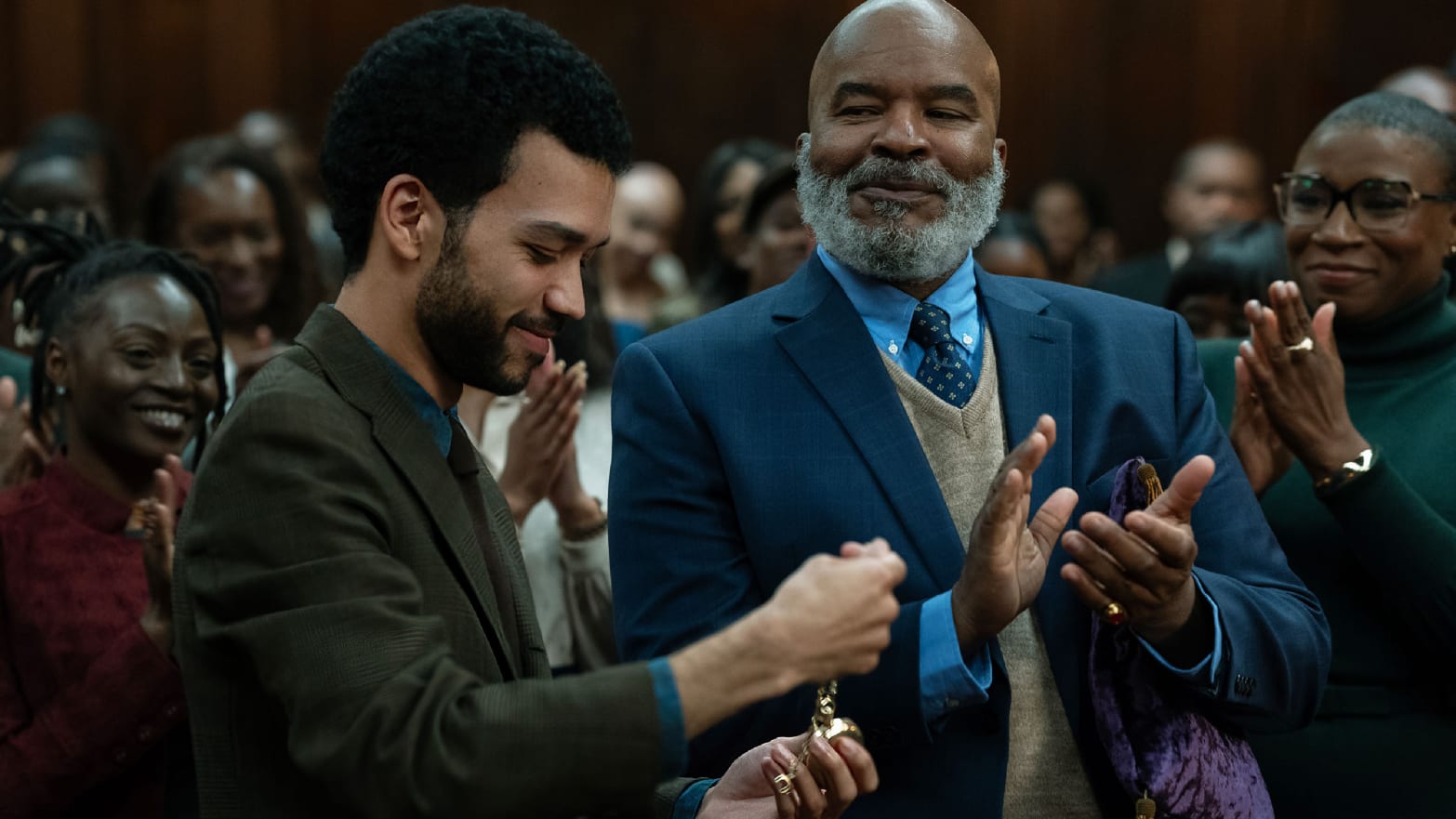 Photo still of Justice Smith and David Alan Grier in 'The American Society of Magical Negroes'