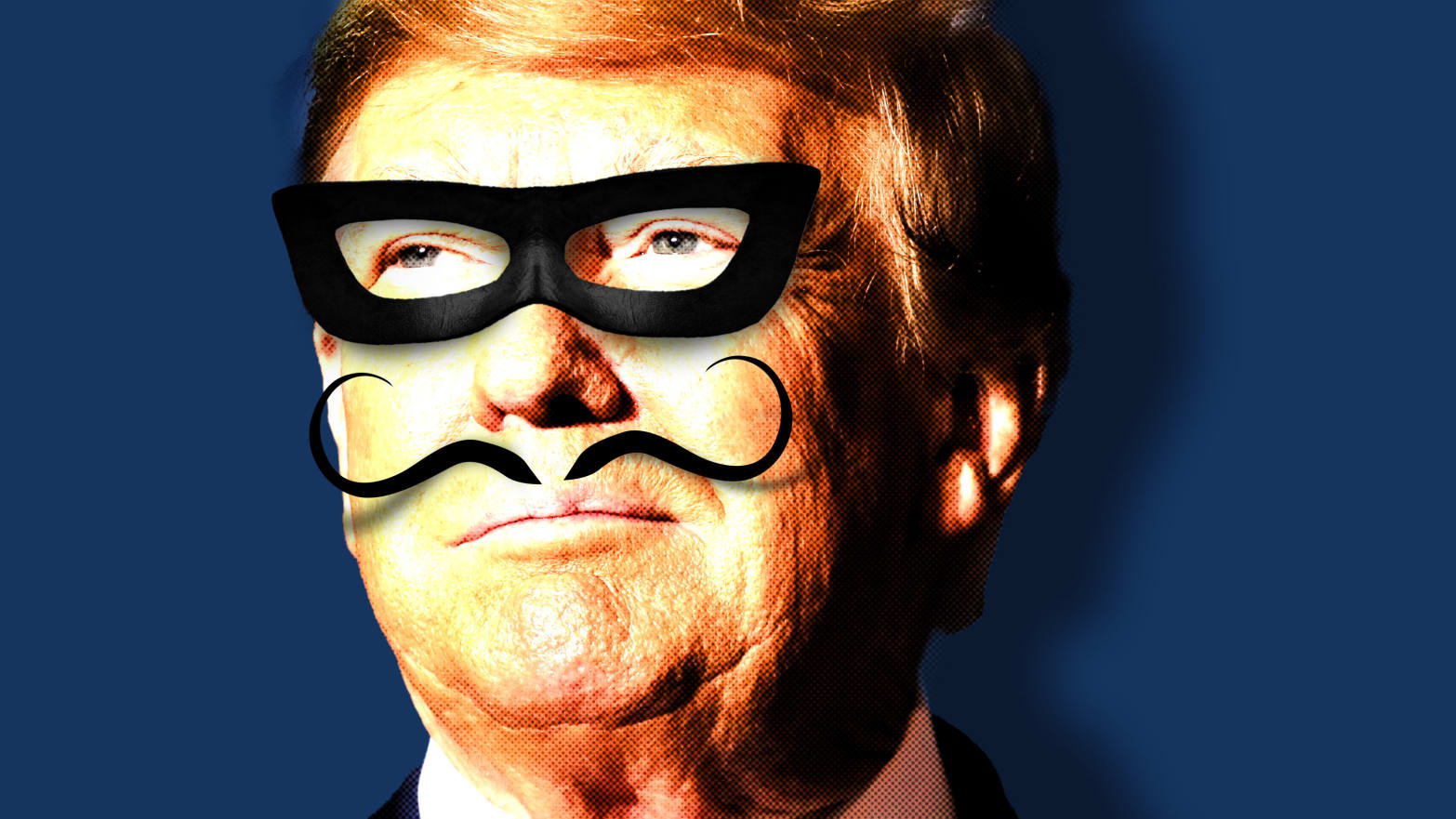 Photo illustration of Donald Trump with a black curly mustache and a black evil mask on a blue background