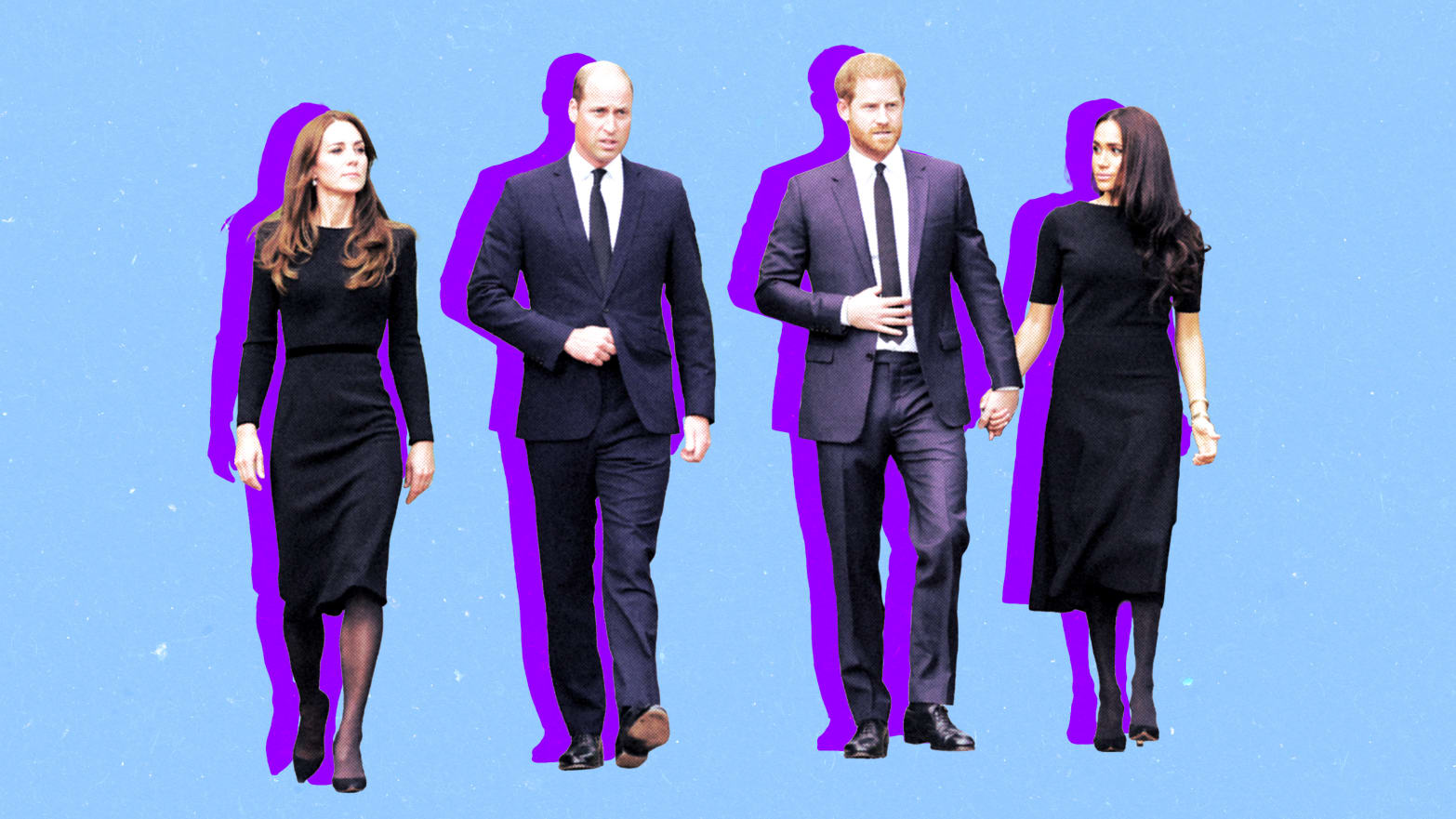 A photo illustration of Catherine, Princess of Wales, Prince William, Prince of Wales, Prince Harry, Duke of Sussex, and Meghan, Duchess of Sussex .