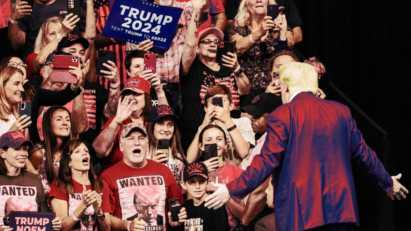 A photo illustration showing a crowd of screaming for Donald Trump during the South Dakota Republican Party's Monumental Leaders rally at the Ice Arena at the Monument in Rapid City, South Dakota, September 8, 2023