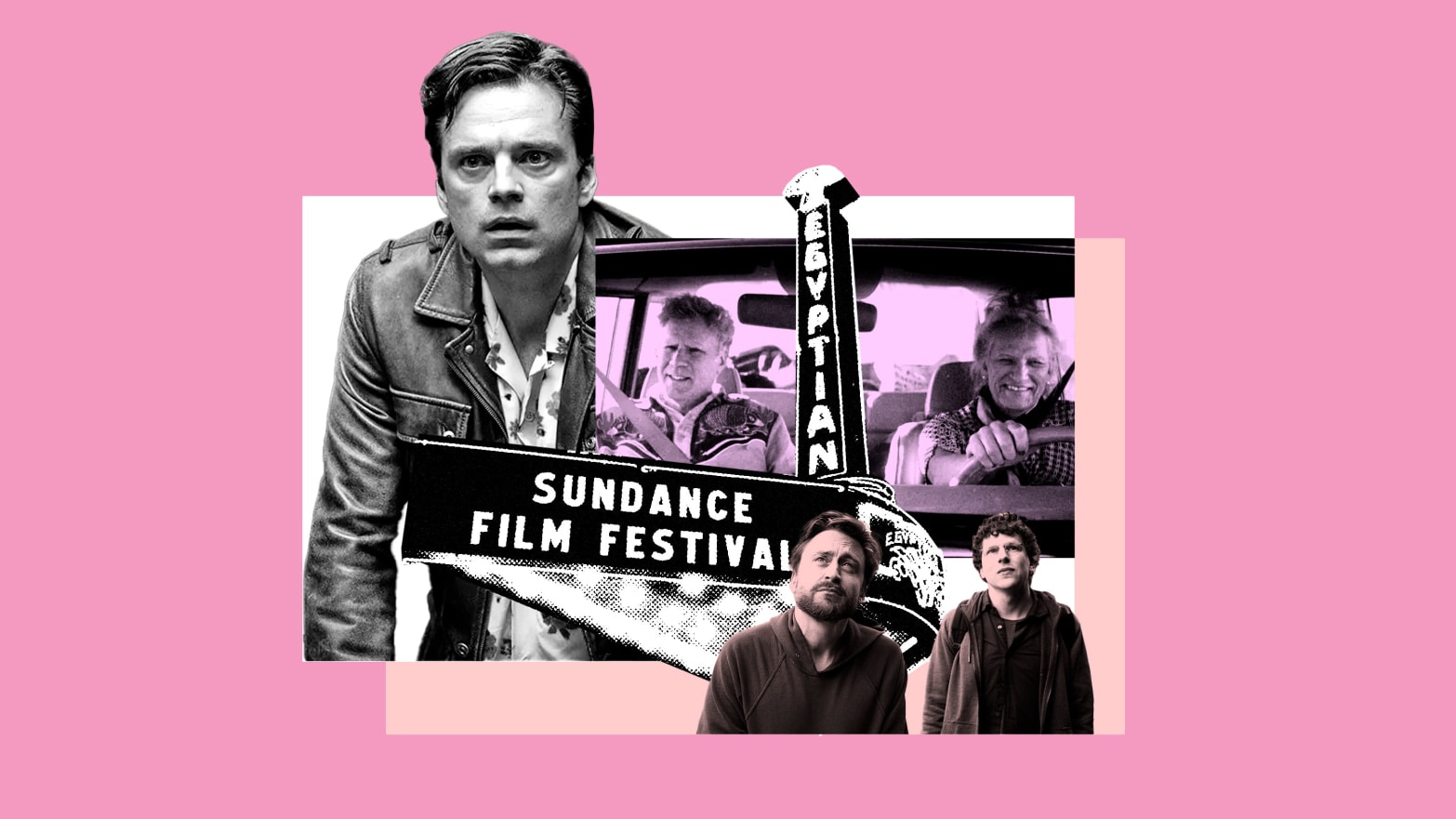 A photo collage of a marquee from Sundance with stills from A Real Pain, Will & Harper, and A Different Man
