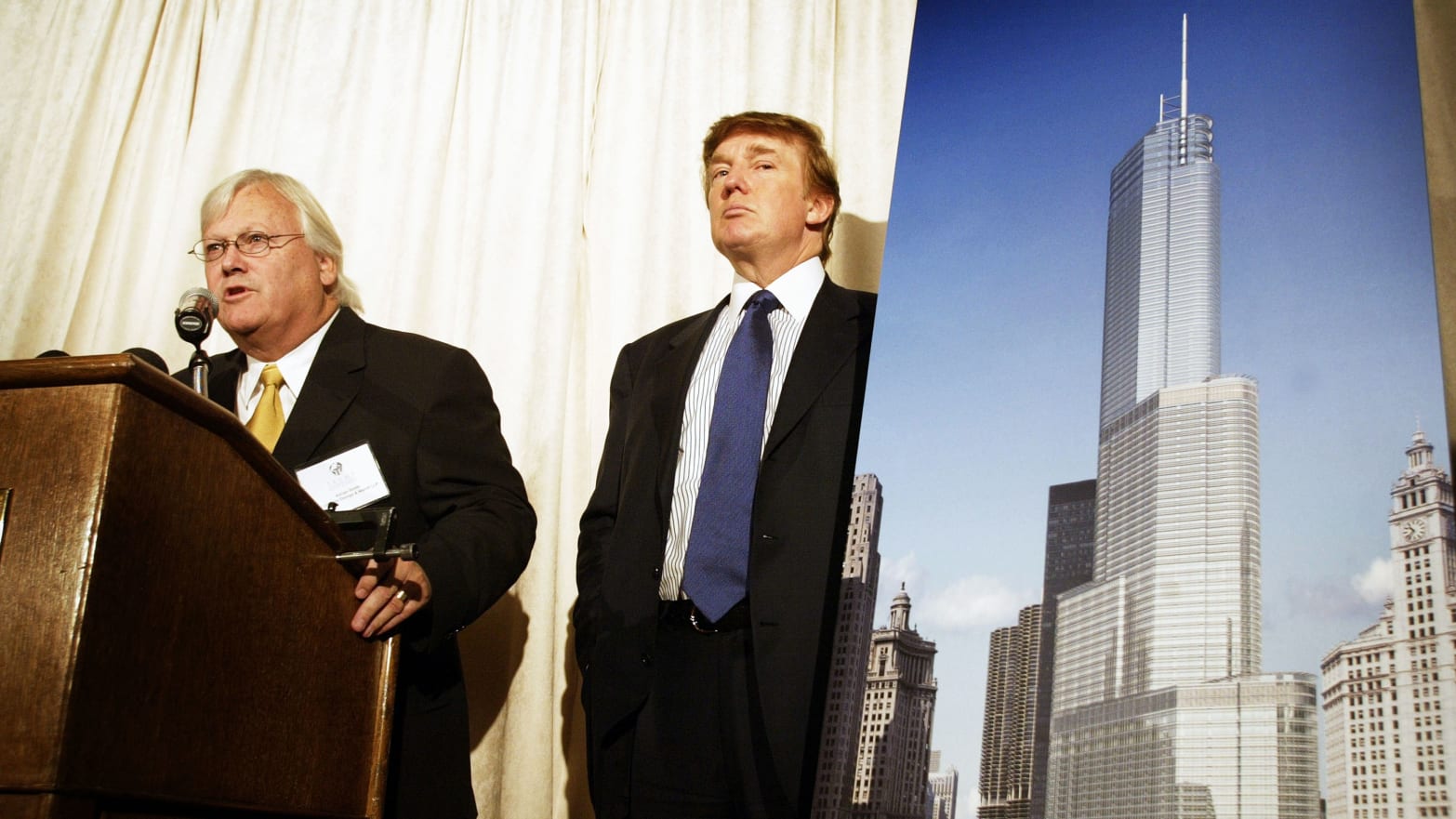 Donald Trump and architect Adrian Smith unveil an artist’s rendition of Trump Tower Chicago at a news conference September 23, 2003 Chicago, Illinois.