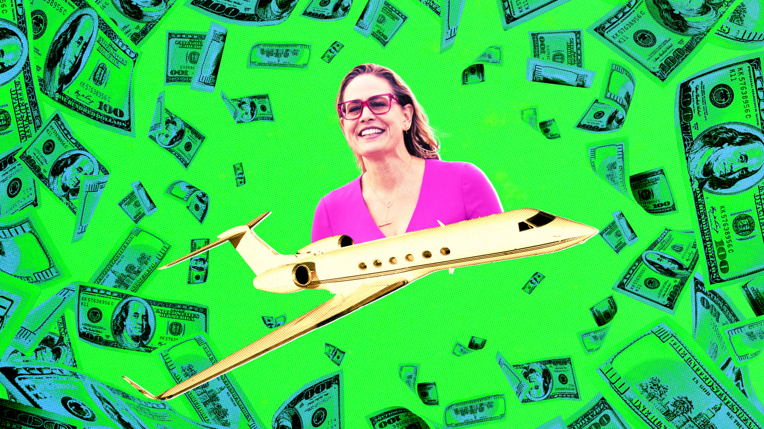 A photo illustration of Sen. Kyrsten Sinema and a private jet.