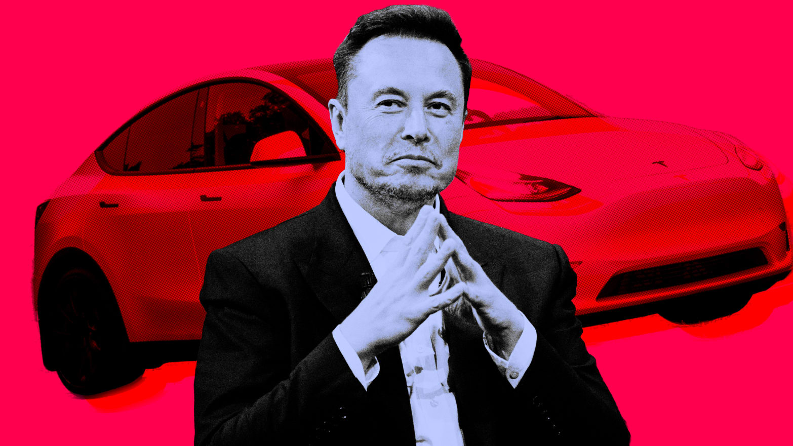 A photo illustration of Elon Musk and a Tesla vehicle.