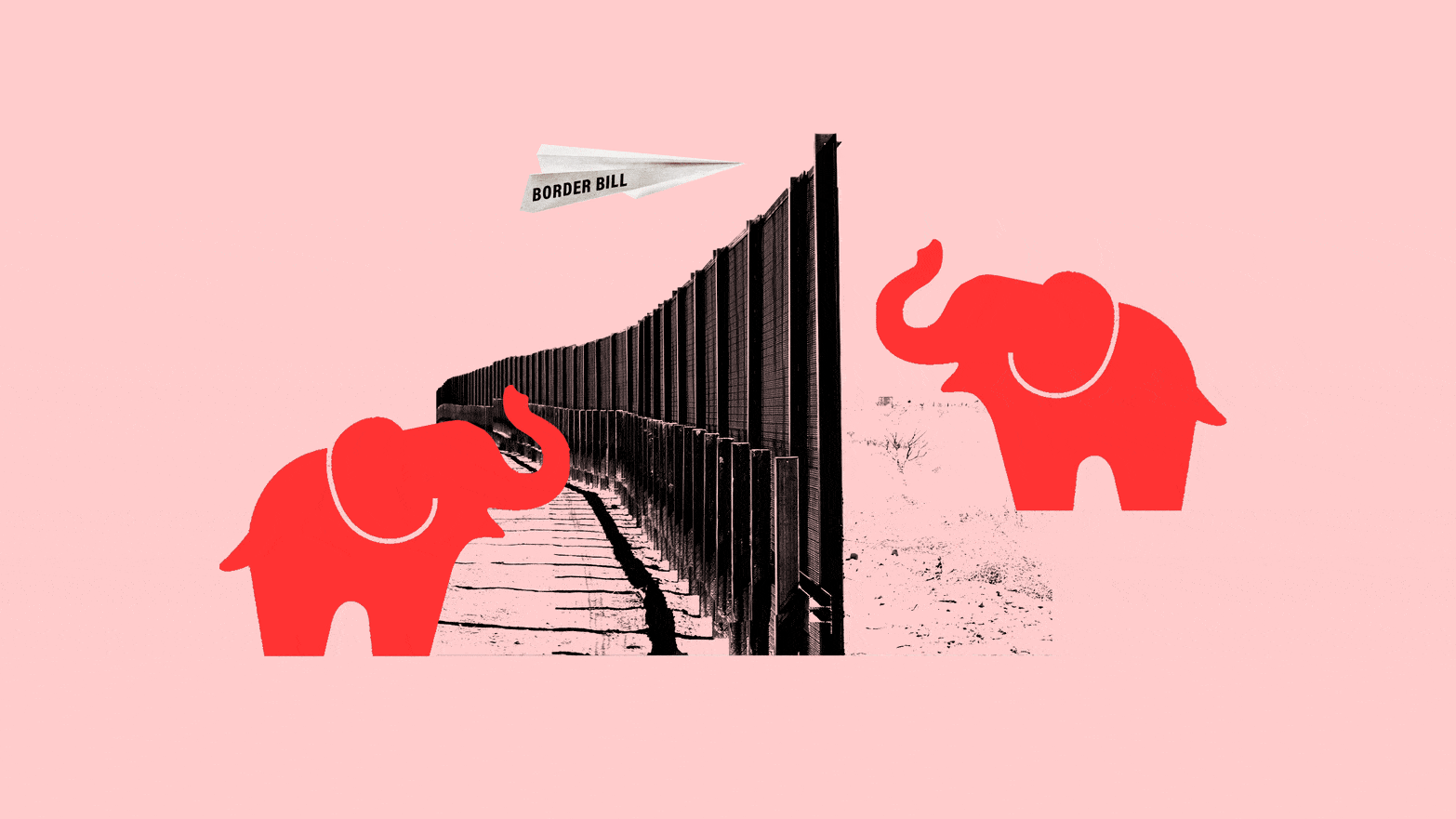 A photo illustration of two red elephants tossing a paper airplane back and forth over the border wall